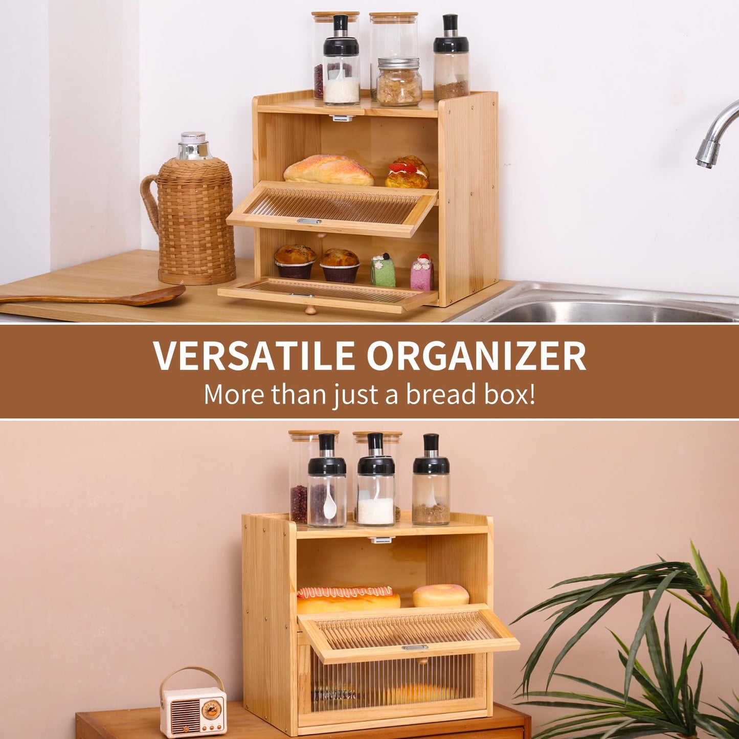 FDHUIJIA Double Layer Large Bread Box for Kitchen Counter, Wooden Bread Storage Container with Acrylic Window, (natural)