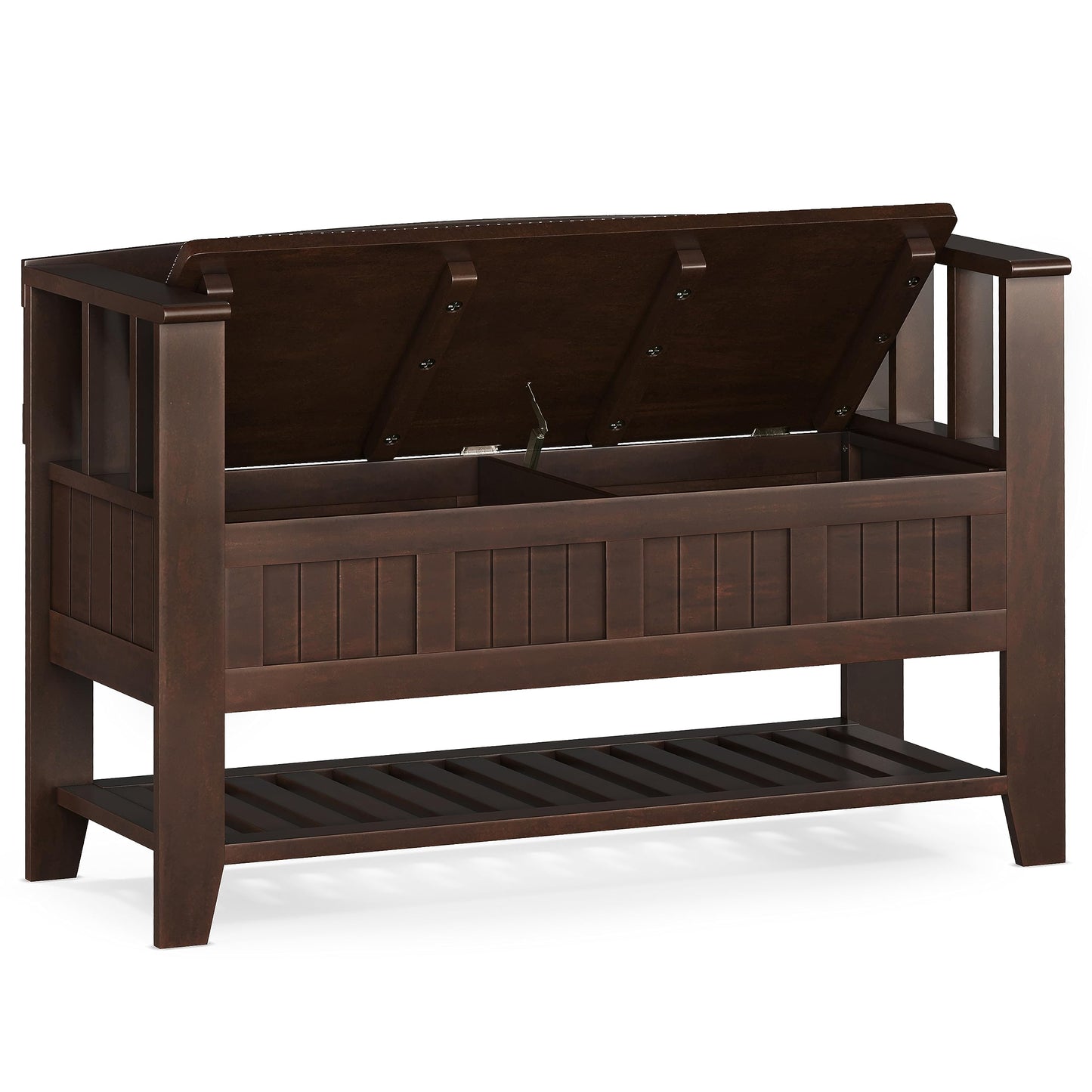 SIMPLIHOME Acadian Entryway Storage Bench - 48 inch Wide Solid Wood Hallway Seat with Shelf in Brunette Brown, Transitional Bench for Entryway or Living Room with Open Storage and Slatted Bottom