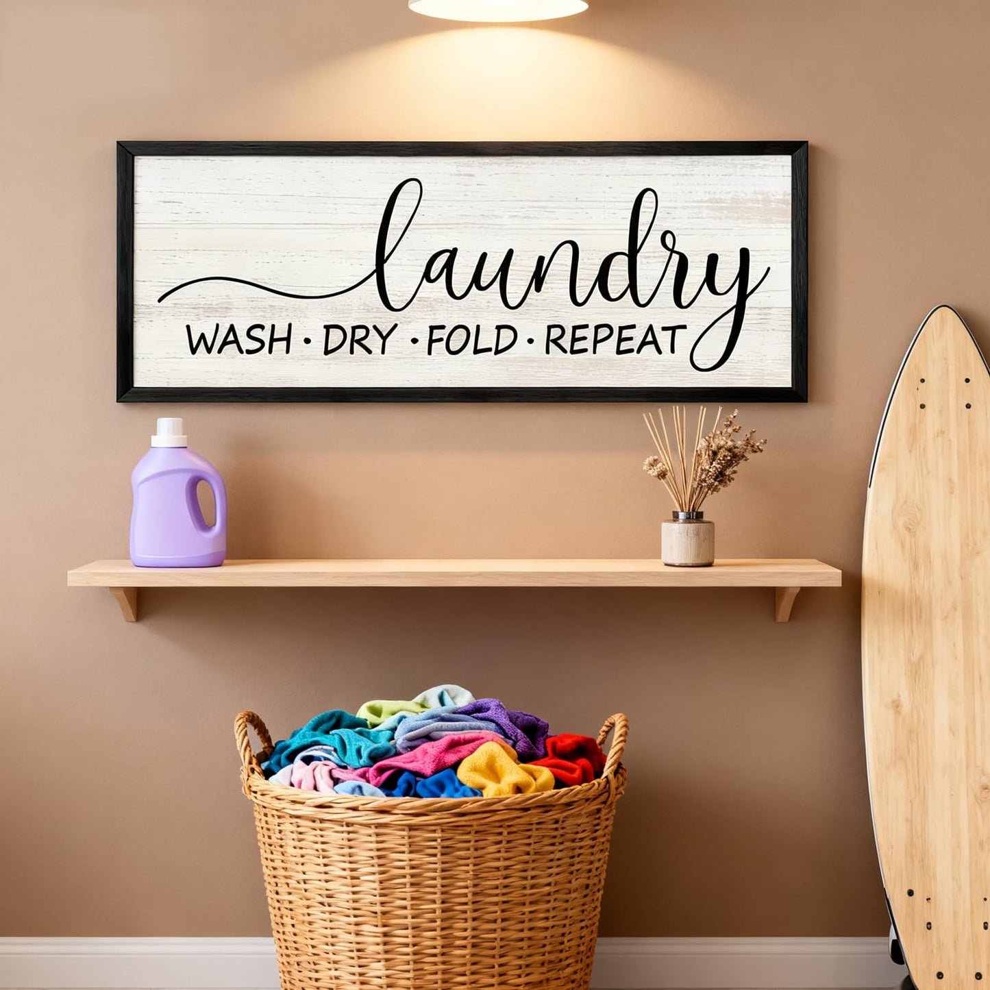 Wash Dry Fold Repeat Wooden Sign Framed Wall Art, Horizontal Motivational Laundry Room Quote Wood Plaque above the Bathtub, 32''×12'' Farmhouse Long Saying Wood Sign Wall Decor for Washing Room