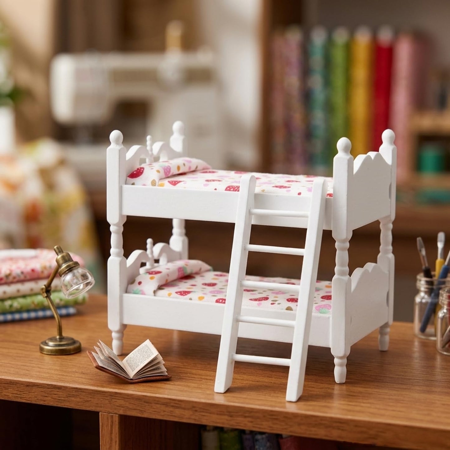 Z MAYABBO Wooden Dollhouse Furniture of Baby bunk Bed with Ladder for Miniature Dollhouse Accessories - 1/12 Scale