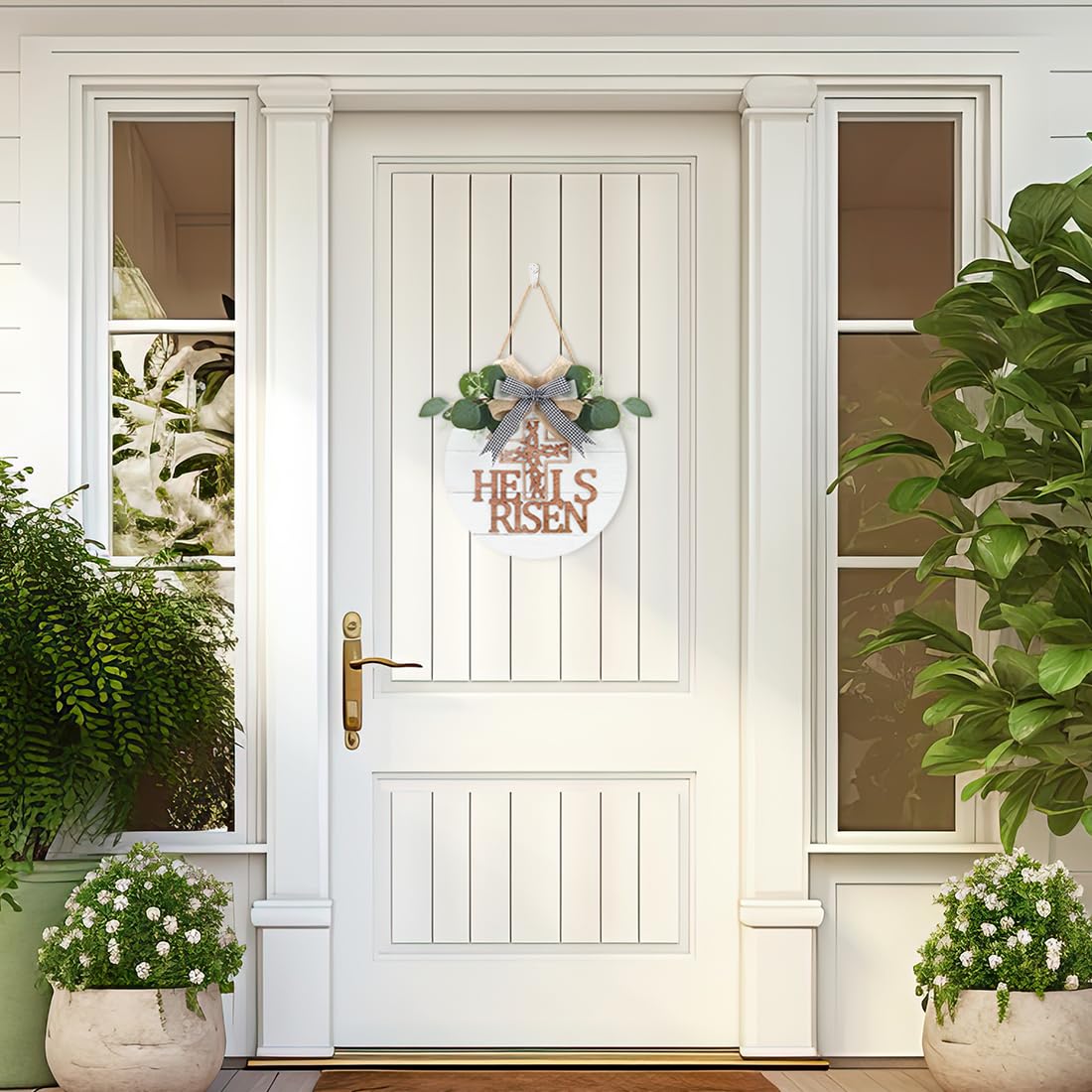 TOARTi He is Risen Easter Front Door Sign Wreath (11.4"x11.4"), Rustic Christian Cross Wall Sign Hanging Plaque, Farmhouse Religious Home Wooden Door Decoration for Housewarming Easter Gift
