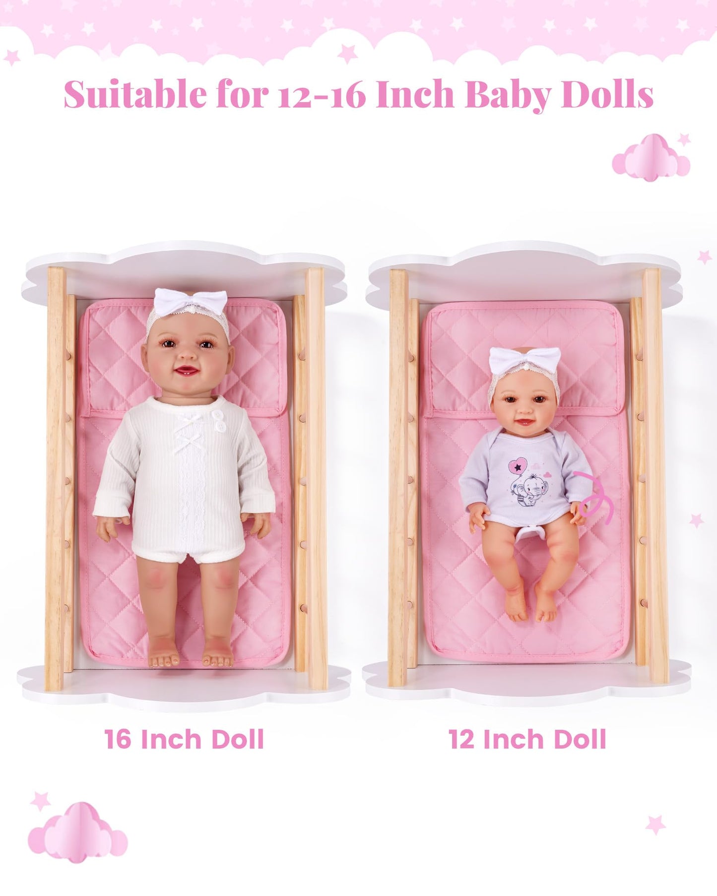 BABESIDE Wooden Baby Dolls Bed for 12-16 Inches Doll, Rocking Babys Doll Crib, Sleep Bed, Baby Dolls Accessories Furniture fit Dolls Boys Girls