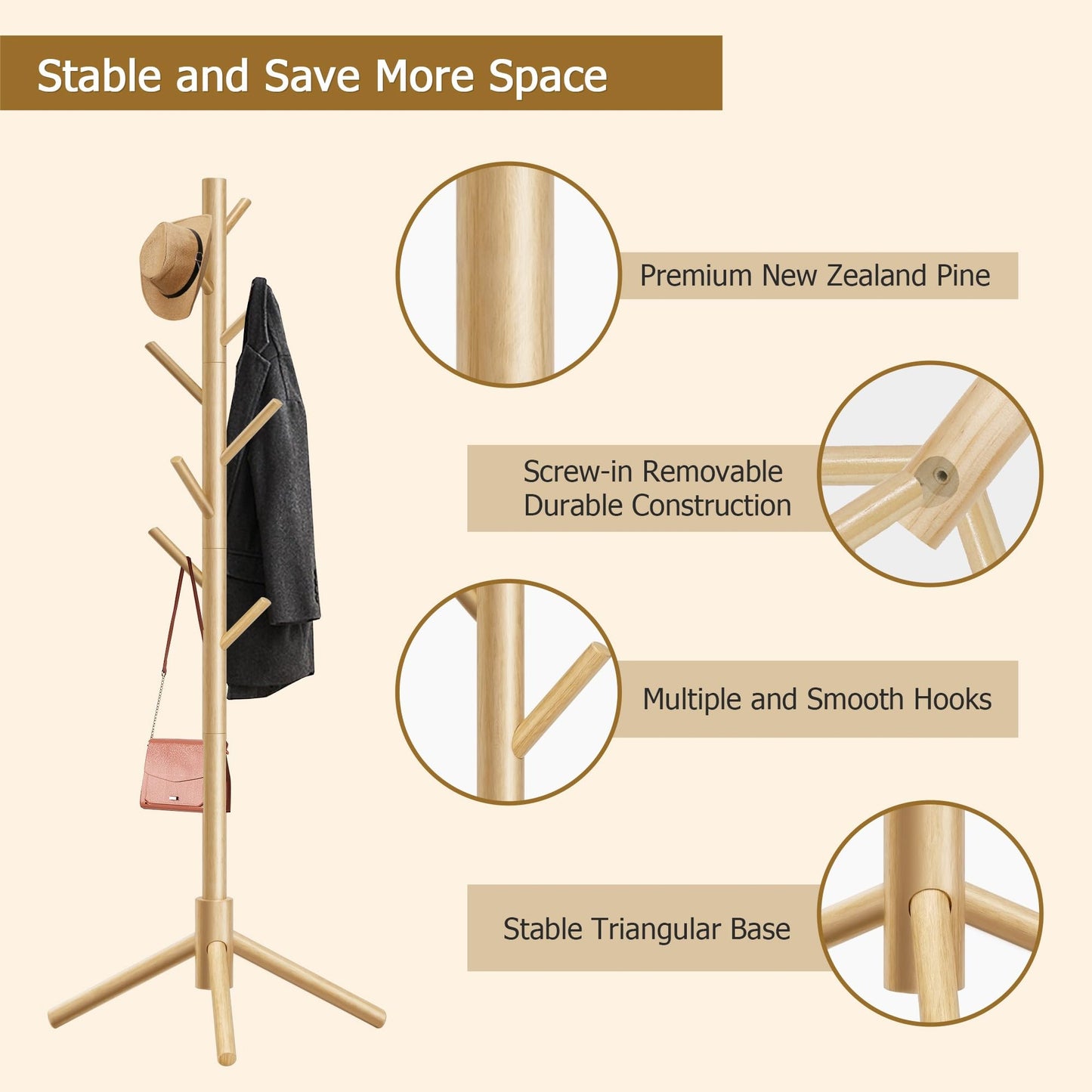 Azaeahom Coat Rack, Coat Racks Freestanding with 8 Hooks 3 Adjustable Heights for Clothes, Hats, Handbags, Coat Tree Easy Assembly for Entryway, Bedroom, Hallway, Office(Nature 2PCS)