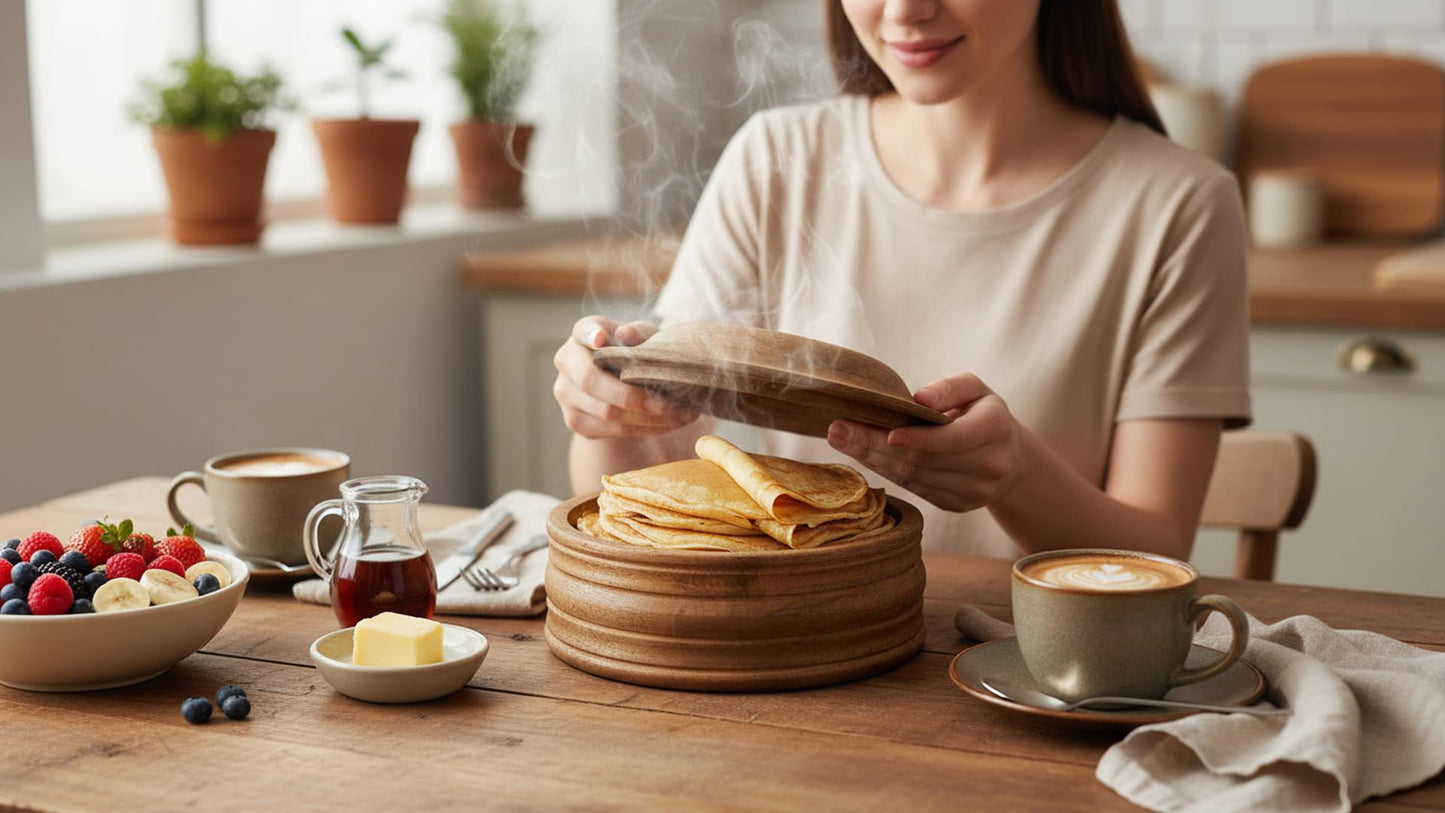 Handcrafted Wooden Mexican Tortilla Warmer Basket Indian Chapati Roti Bread Holder Box Pancake Keeper Serveware Hot Pot Casserole Dish With Lid Home Kitchen Dining Decor, Natural Brown, 9 x 4.5 Inches