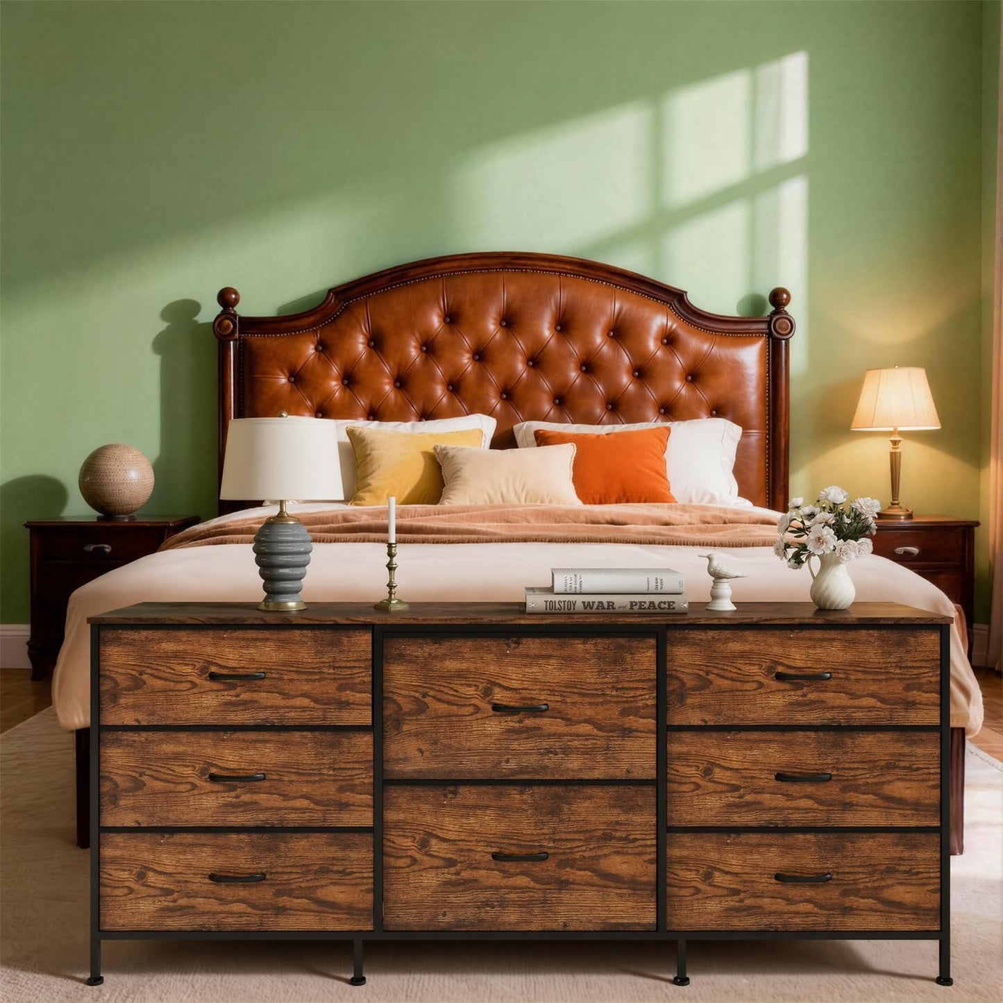 Garvee 8 Drawer Fabric Dresser TV Stand with Wooden Top, Metal Frame Storage Chest, Wide Closet Organizer for Bedroom Living Room Hallway, Natural Wood, 62.99 x 26.77 x 13.79 Inches
