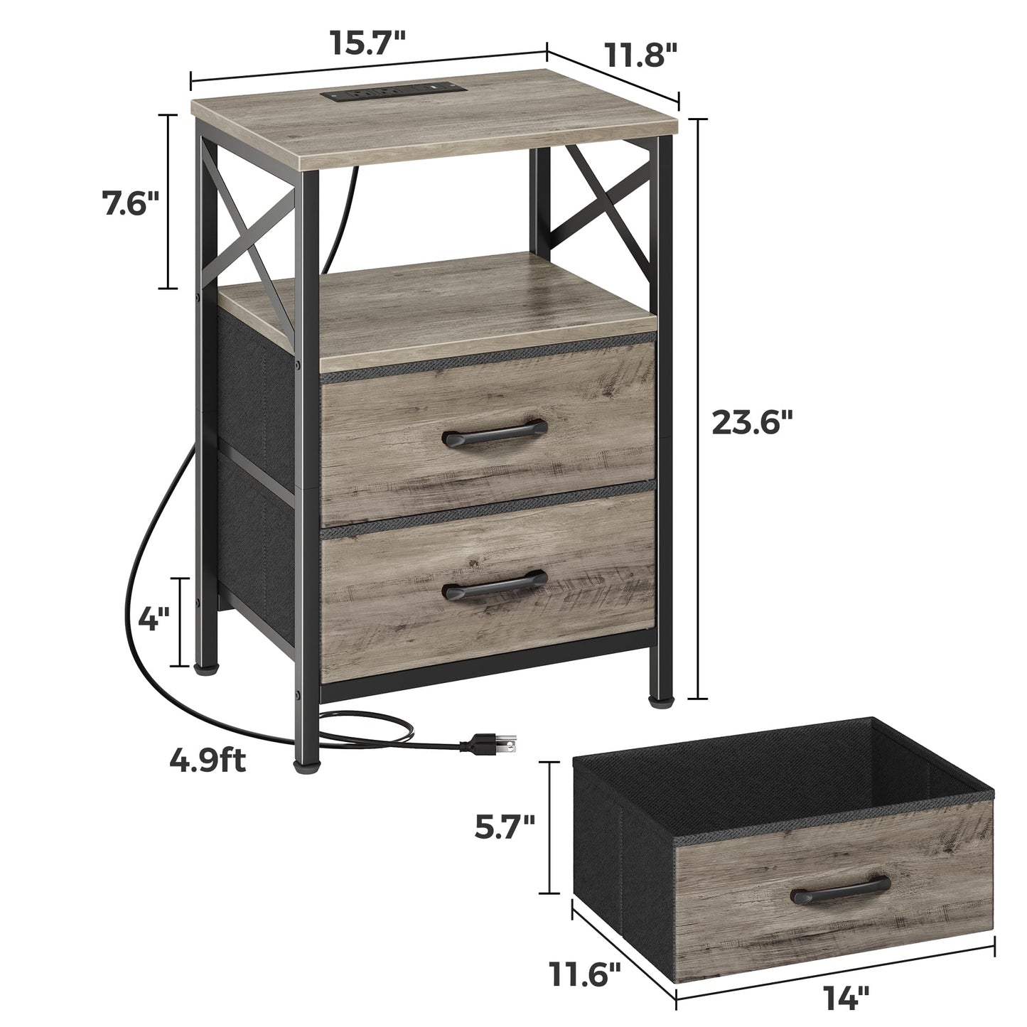 Huuger Nightstands Set of 2, Night Stand with Charger Station, 2 Drawer Side Table with Open Shelf, USB-C Port, End Table for Small Spaces, X Shaped Side Rail, Oak