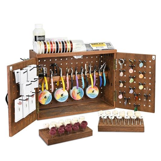 Ikee Design Wooden Pegboard Tool Organizer Box with Doors Wall Mount or Benchtop Jewelry Tool Storage with 40 Hooks & Bur Holders, Workshop Garage Craft Organizer Cabinet, Brown