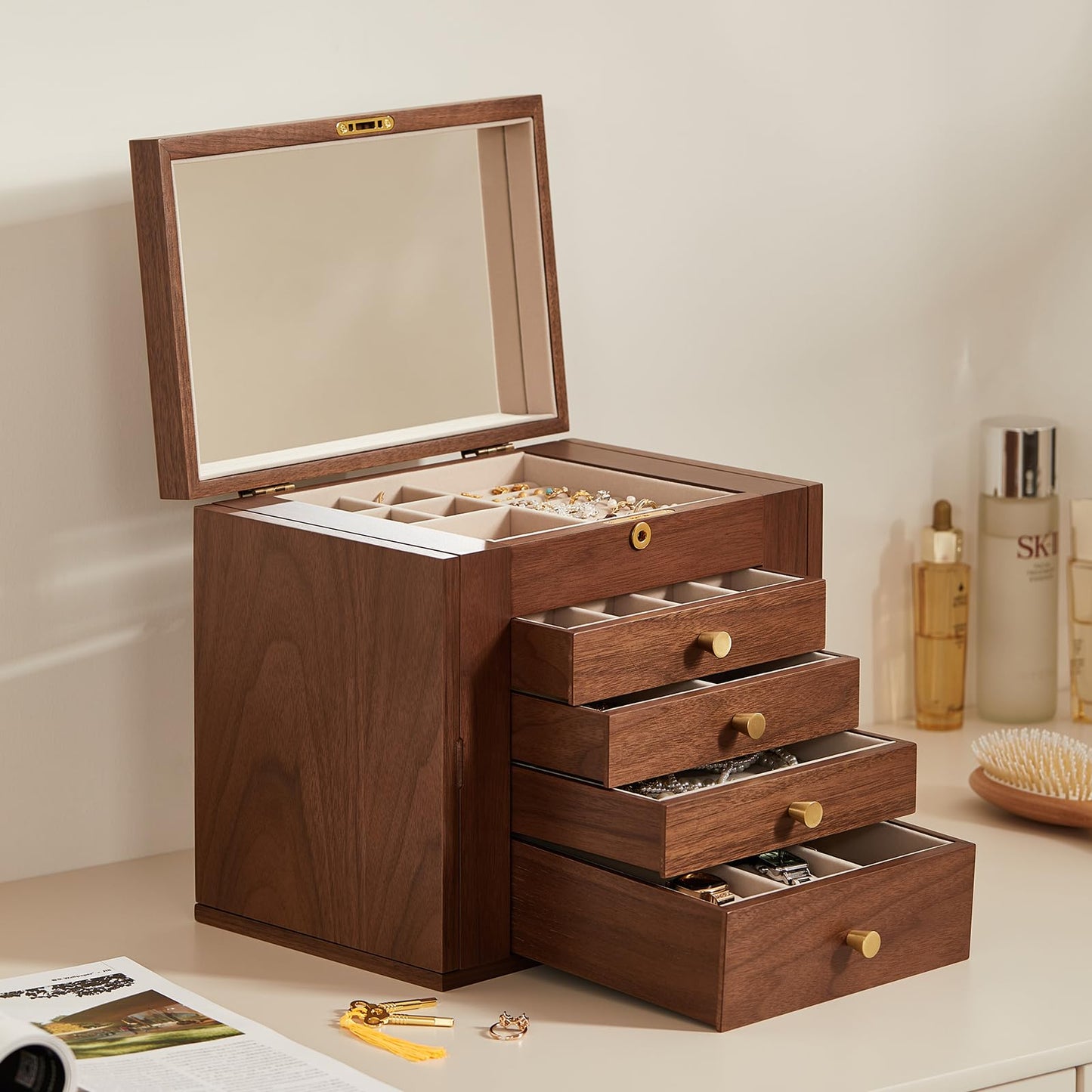 Homruilink Black Walnut Wooden Jewelry Box, Wood Jewelry Organizer with 2 Side Doors Mirror Lockable Classical Style for Watch Necklace Ring Earring Storage Fathers Day Gift-5 Layer