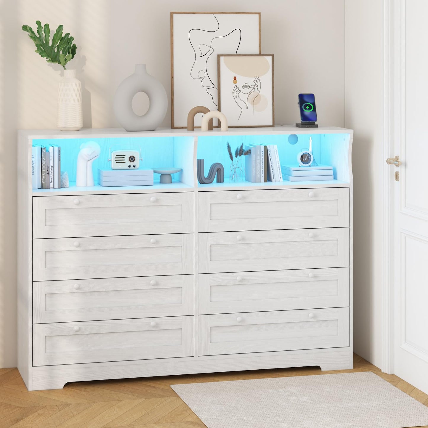 GAOMON 8 Drawer Wooden Dressers for Bedroom with Power Outlet and LED Lights, White Wood Chest of Drawers with Deep Drawer, Modern Wide TV Stand Dresser for 55" TV for Bedroom, Living Room, Hallway