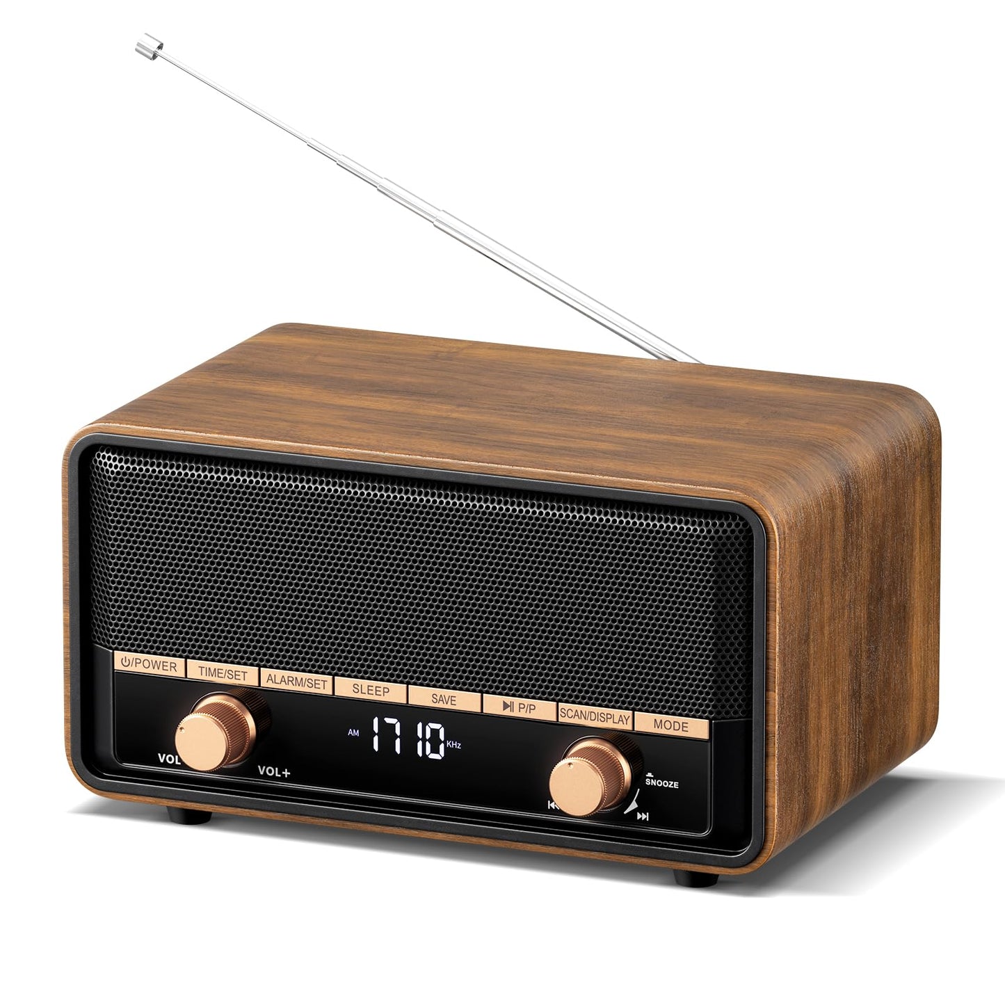 Audiocrazy Vintage Wooden AM FM Radio with Bluetooth, Digital Clock Radio for Bedroom with 80 Station Presets, Tap to Snooze, Sleep Timer, Clear LCD Display for Home Office (Deep Walnut)