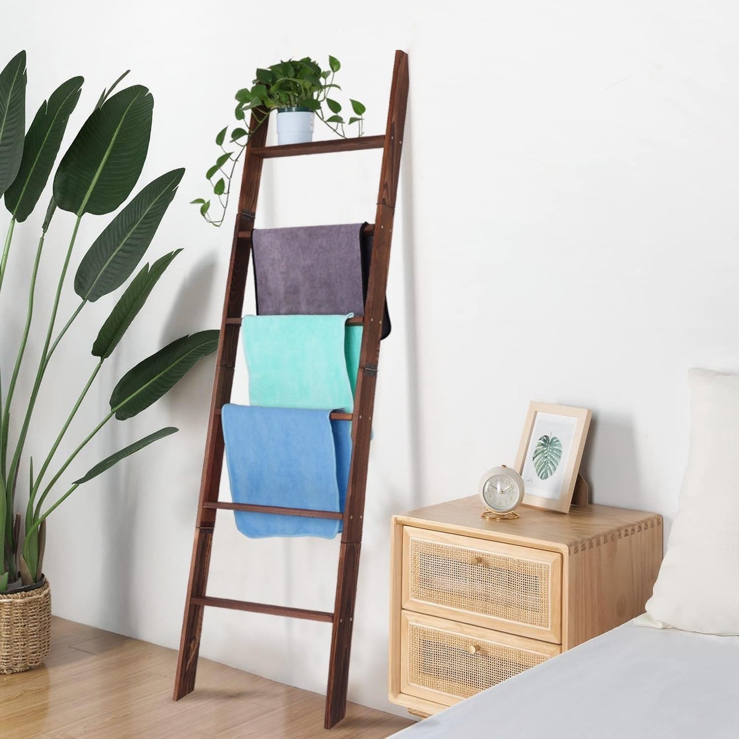 Zelbuck Blanket Ladder for Living Room and Bedroom,6-Tier Decorative Display Ladder Shelf,Ladder Rack for Storage and Decor,Wall Leaning Farmhouse Blanket Storage,Towel Rack, Bathroom,Brown