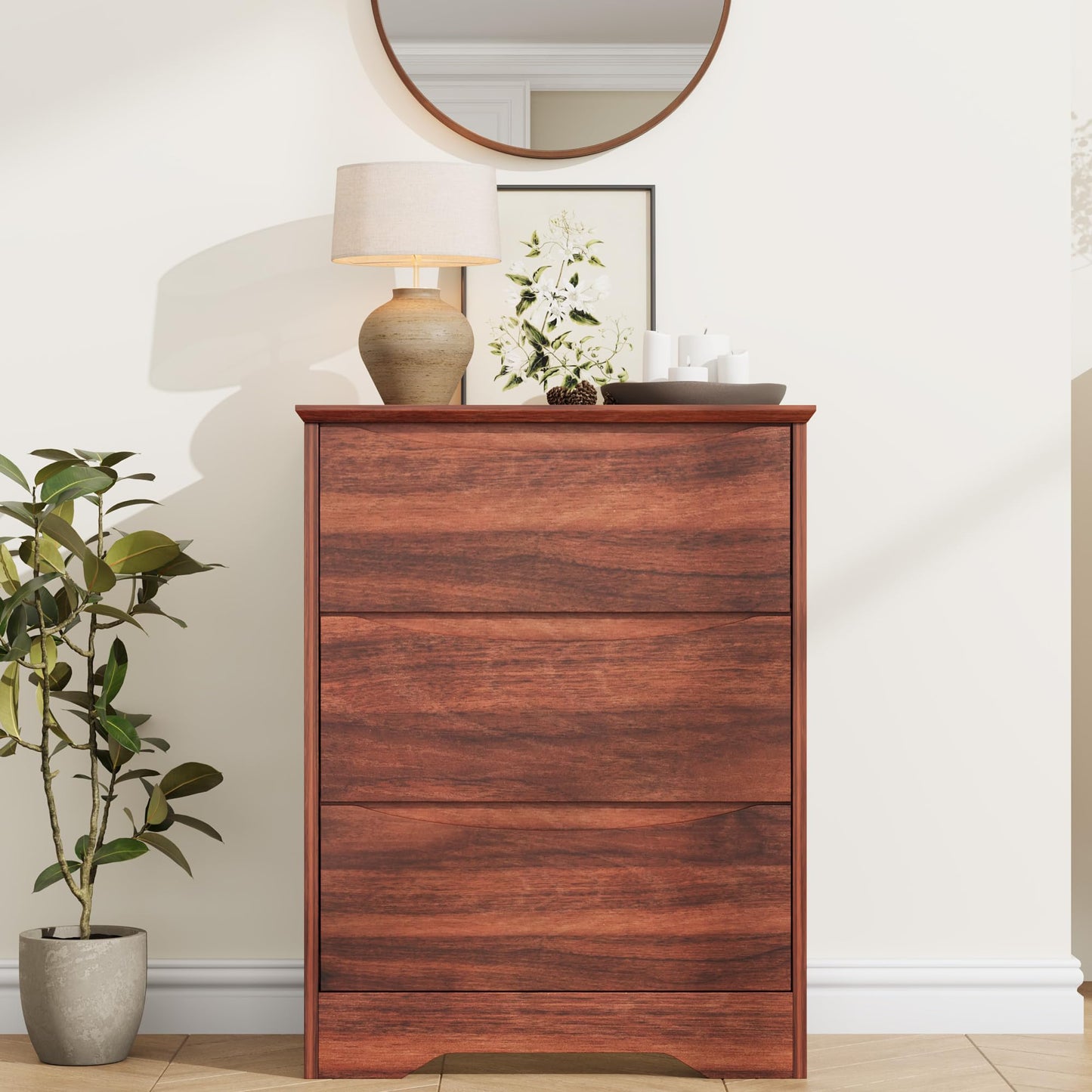 Garvee Wooden Dresser with 3 Drawers, Tall Modern Closet with Deep Storage, Large Chest of Drawers with Wide Top, Long Storage Dresser for Bedroom, Living Room, Hallway, Kids Room, Red Walnut
