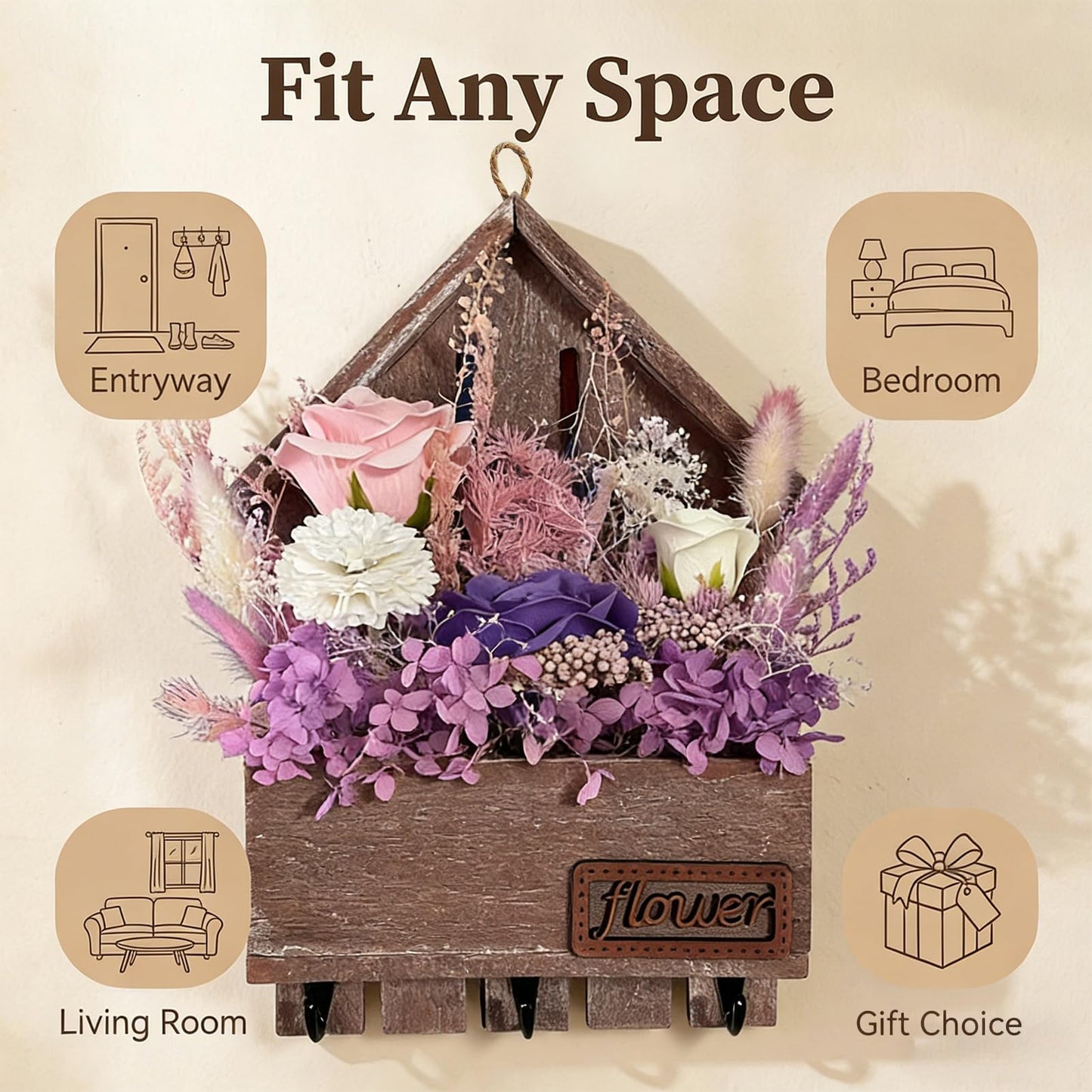 EIGHTOWN Purple Floral Wall Hooks, Farmhouse Wooden House Shape Key Holder with 3 Hooks, Artificial Soap & Dried Flower Decorative Hanger for Entryway, Living Room, Home Decor (Purple)