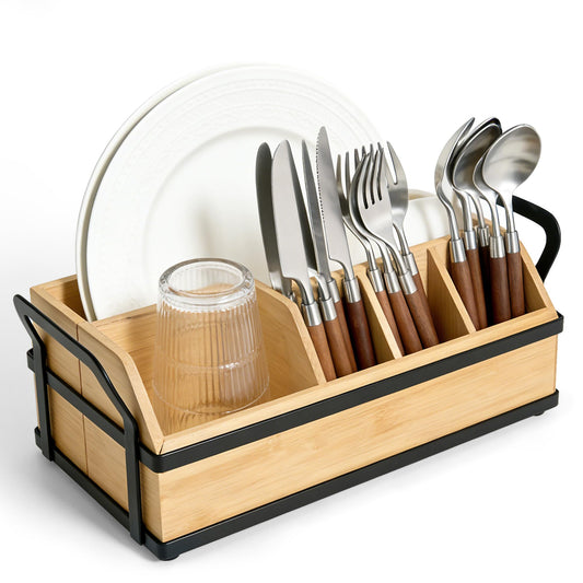 Large Kitchen Utensil Holder Caddy, 6 Compartments Wooden Utensils Organizer for Cooking Utensils, Silverware, Paper Plate, Spoon, Fork, Cutlery Storage on Kitchen Countertop for Party Hosting