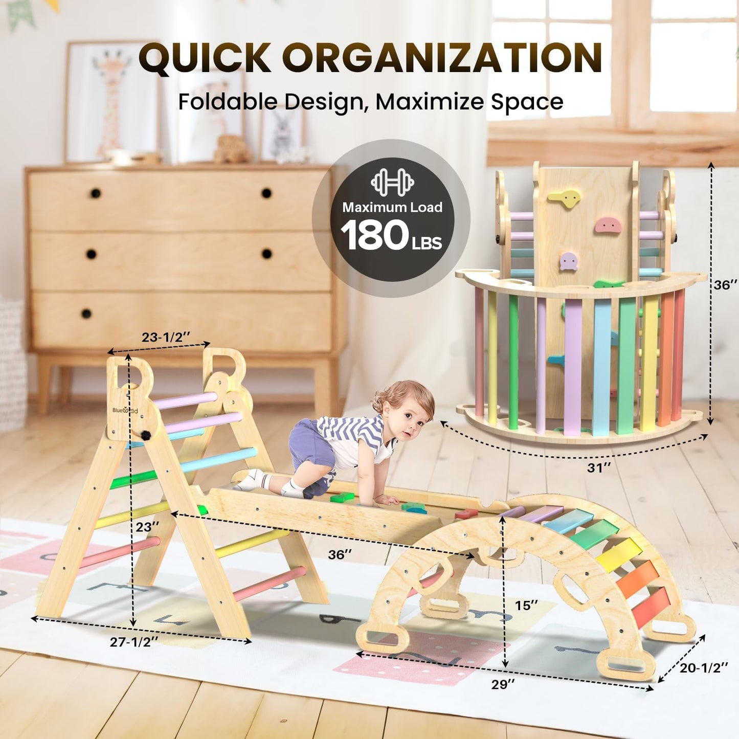 BlueWood Pikler Triangle Set with Safe Handle, Foldable 7-in-1 Montessori Toddler Climbing Toys Indoor, Wooden Pickler Climbing Set, Baby Jungle Gym & Playground, Climbing Toys for 1-3 Year, Rainbow