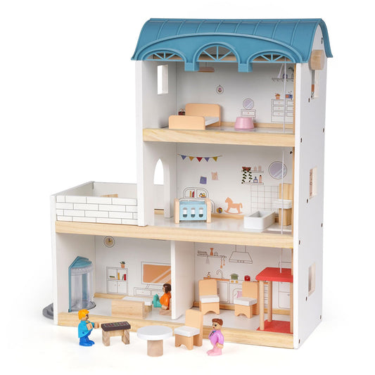 Wooden Dollhouse for Kids, 3-Story Wood Doll House Playset with Furniture, Accessories & 3 Toy Figures, DIY Pretend Play House for Toddlers, Girls & Boys, Miniature Dollhouse with Balcony Gift