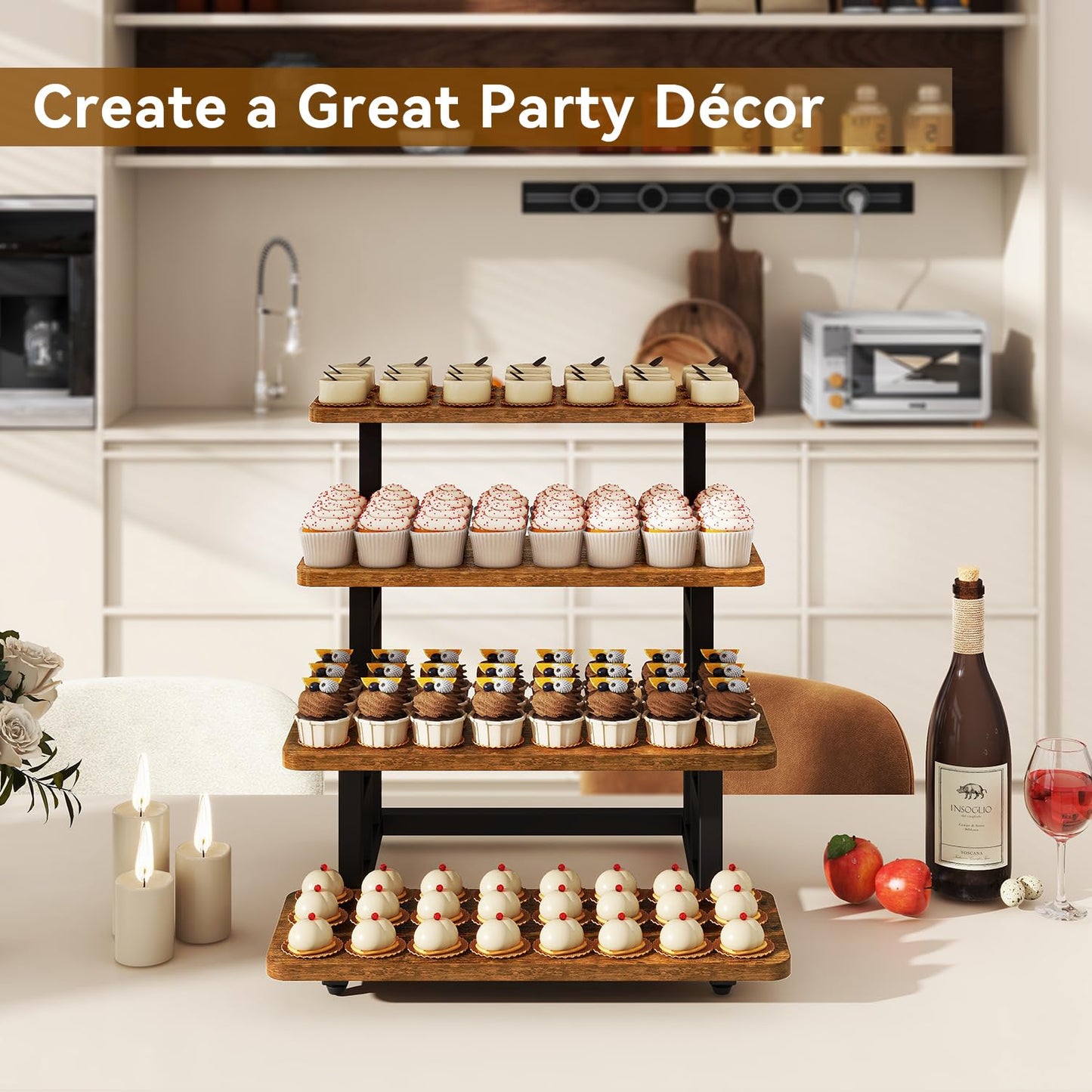 IBUYKE 4 Tier cupcake stand,Wooden Risers Display Stands,Tiered Display Stand for food,Dessert Table Display for Party,Afternoon tea, Family Gatherings,Rustic Brown UTLJ018H