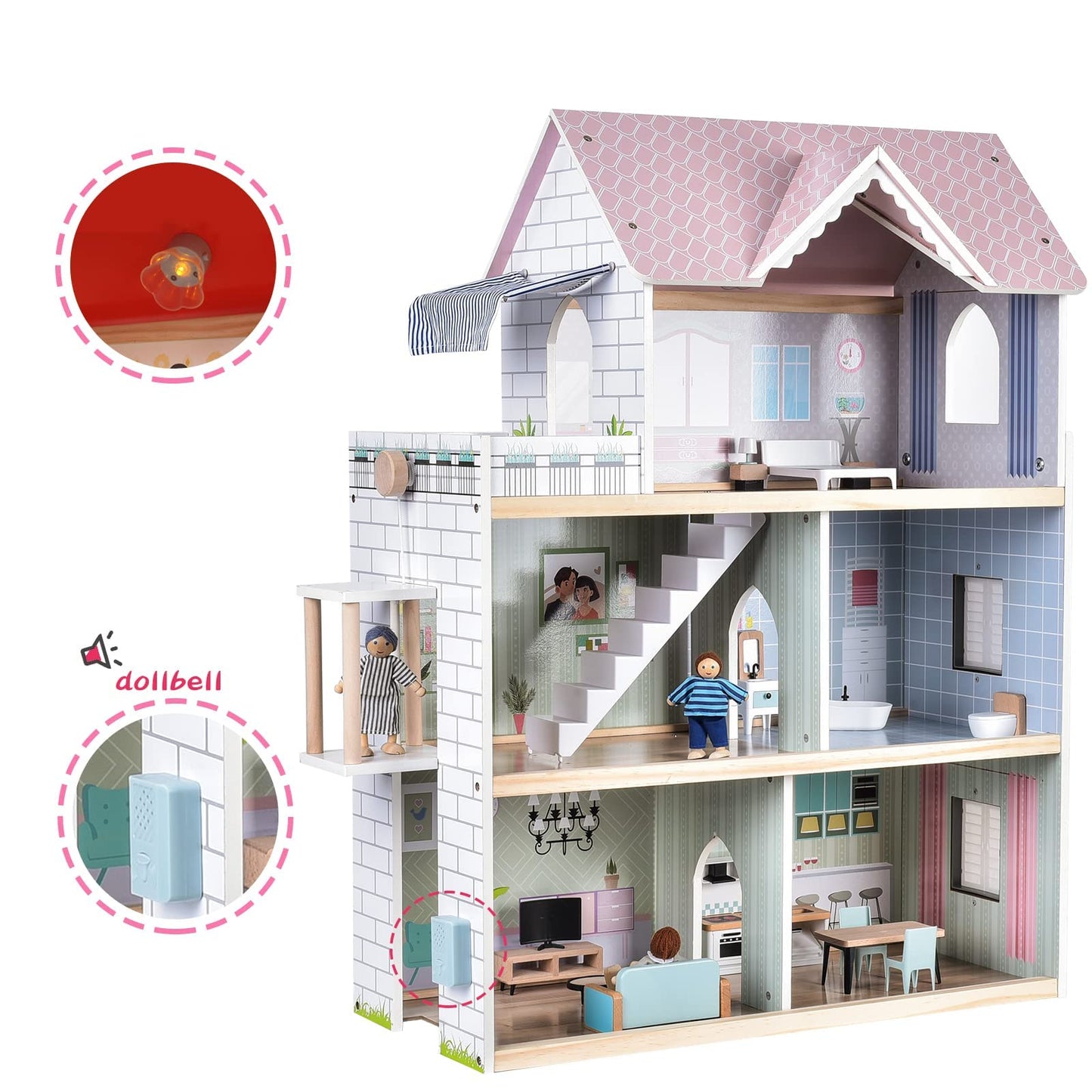 Giant bean Large Pink Wooden Dollhouse with Furniture for Girls with Doorbell, Light,Elevator, 6 Rooms 2.6ft High,17Pcs Furniture & 3 Dolls, Kids Playhouse Toy for Girls 3-7+, 31.5" x 25" x 12.2"
