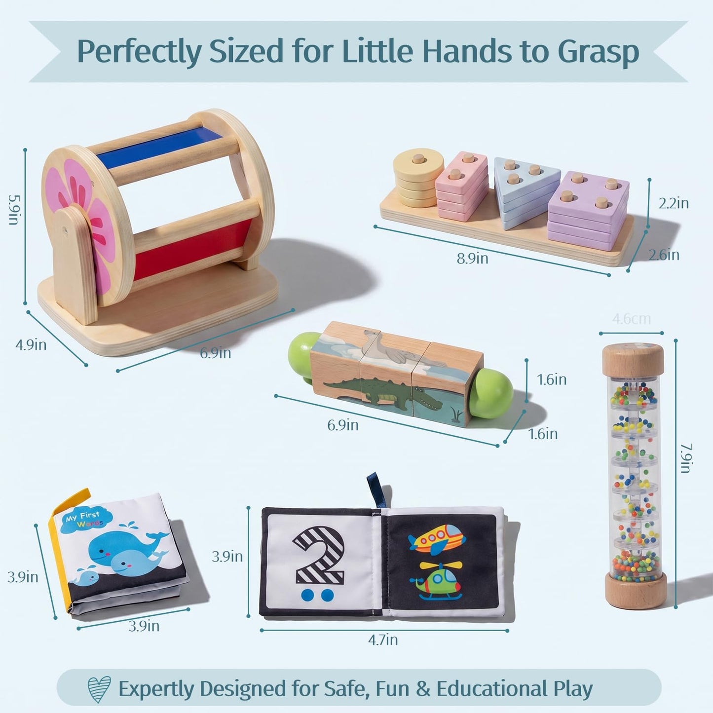 Montessori Baby Toys Play Kit, Wooden Newborn Learning Set Mirror Spinning Drum, Rain Stick, Soft Cloth Books, Shape Sorter, Baby Roller - Christmas Birthday Gift for Toddlers