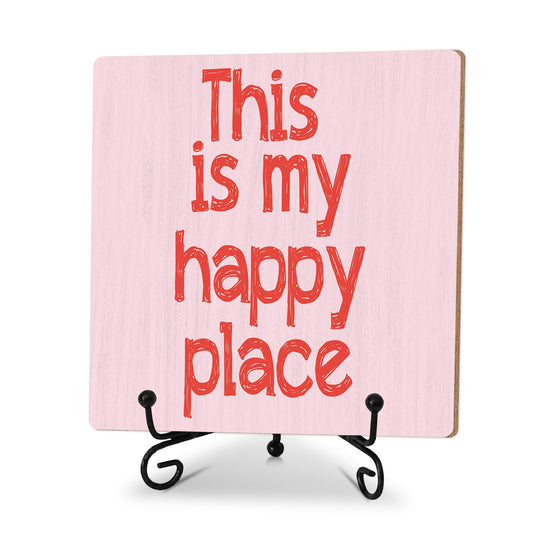 This Is My Happy Place Wooden Sign With Stand, Home Farmhouse Desk Table Decor, Inspirational Plaque Gifts For Friend Family Colleague, Motivational Office Desk Decor For Shelf, 02