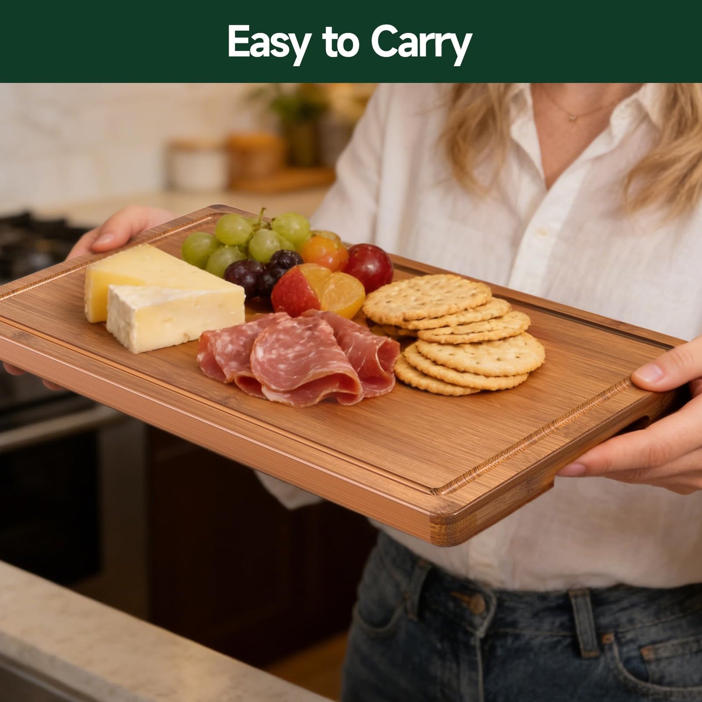 Zeawec 4-Piece Set Deep-Carbonized Bamboo Cutting Board for Kitchen - Crack-Resistant Wood Chopping Boards with Deep Juice Grooves, Pre-Oiled Butcher Block for Meat, Vegetables & Cheese, Carbonized