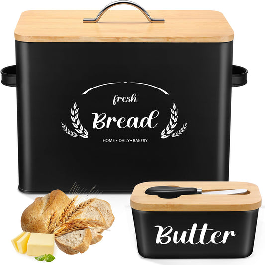 Qinyoung 2 Pcs Large Bread Box Set for Kitchen Countertop with Ceramic Butter Dish Holder Bamboo Lid Knife Metal Bread Holder Farmhouse Kitchen Storage Container for Home Housewarming Gift(Black)