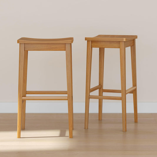 Plank+Beam Smythe Bar Stool, Set of 2, 30", Sturdy Wood Modern Kitchen Bar Height Stool, Saddle Seat Backless Bar Chair, Metal Footrest, Pecan