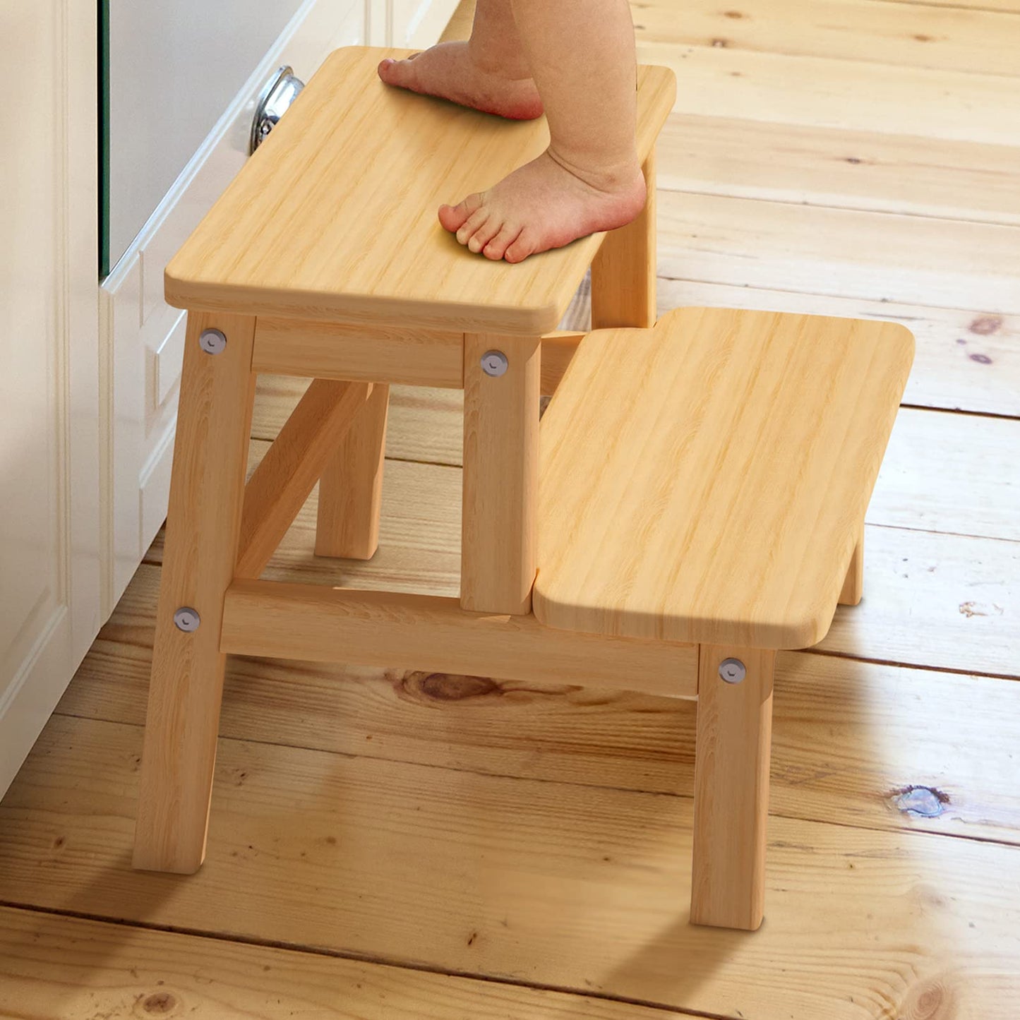 HOUCHICS Wooden Step Stool for Adults Kids, Solid Wood Bed Step Stool, Multi-Purpose 2-Step Stool for Kitchen, Bed, Bathroom with 260lb Load Capacity