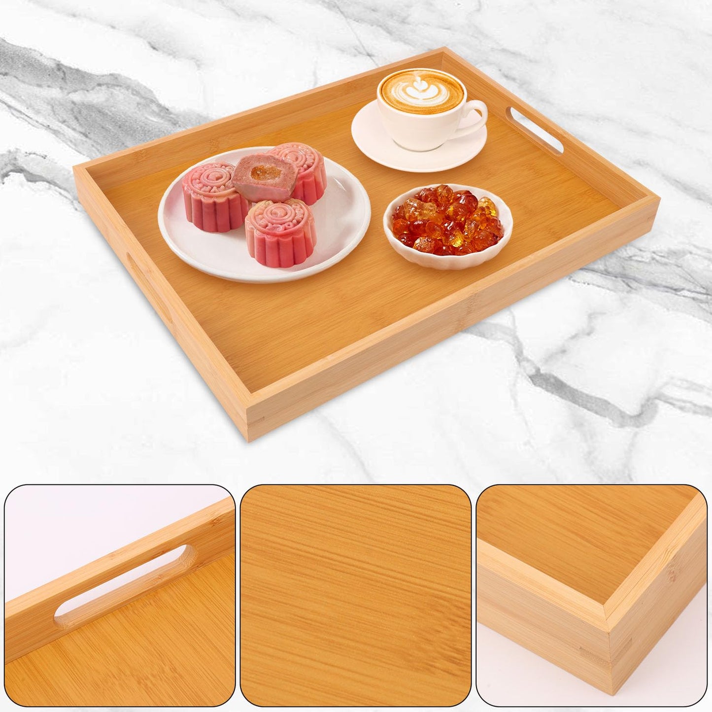Geytetqi 3 Pack Large Bamboo Serving Tray with Handles - 16 x 11.6 Inch Wooden Dinner Tray, Home Kitchen Decorative Tray, Breakfast Trays for Eating on Couch, Lap Trays, Coffee, Kitchen, Picnic