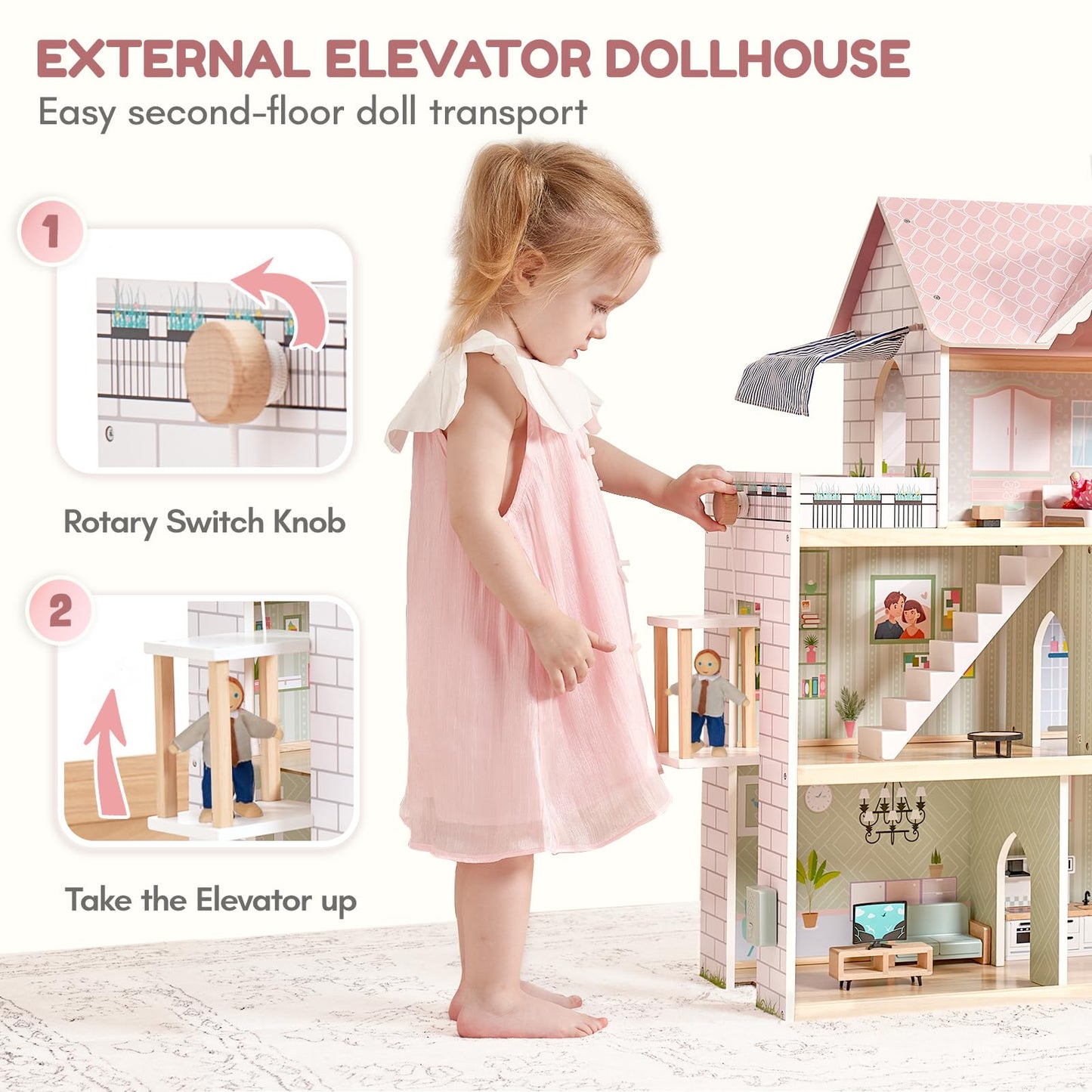Giant bean Large Pink Wooden Dollhouse with Furniture for Girls with Doorbell, Light,Elevator, 6 Rooms 2.6ft High,17Pcs Furniture & 3 Dolls, Kids Playhouse Toy for Girls 3-7+, 31.5" x 25" x 12.2"