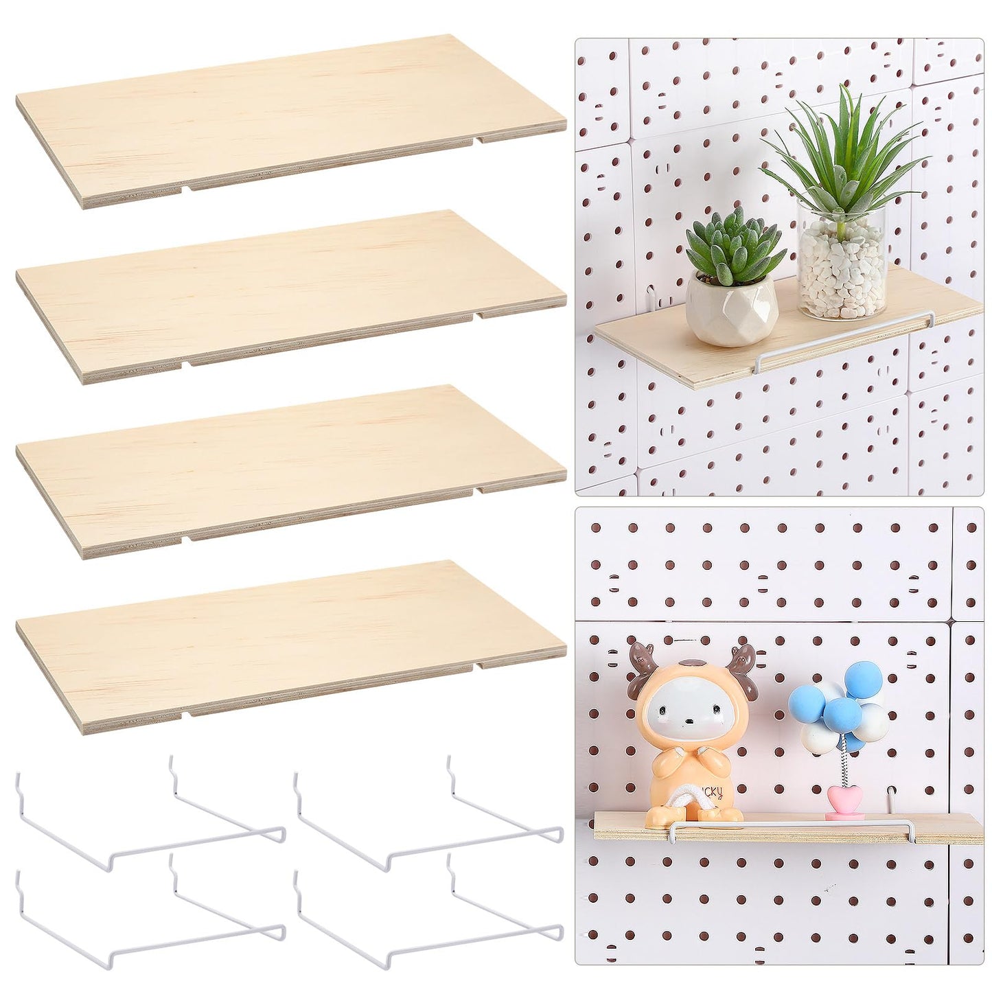 Wonderjune 4 Pcs Wooden Pegboard Shelves with Metal Pegboard Shelf Brackets Peg Board Display Storage Tray Wall Organizer Peg Board Accessories for Craft Room Home Kitchen(Brown,9.84 x 5 Inch)