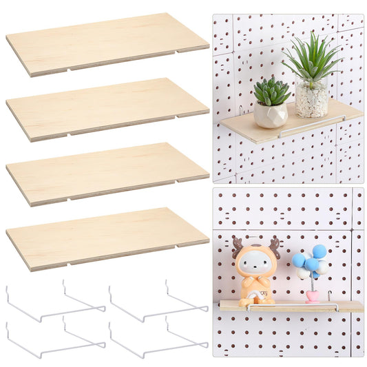 Wonderjune 4 Pcs Wooden Pegboard Shelves with Metal Pegboard Shelf Brackets Peg Board Display Storage Tray Wall Organizer Peg Board Accessories for Craft Room Home Kitchen(Brown,9.84 x 5 Inch)