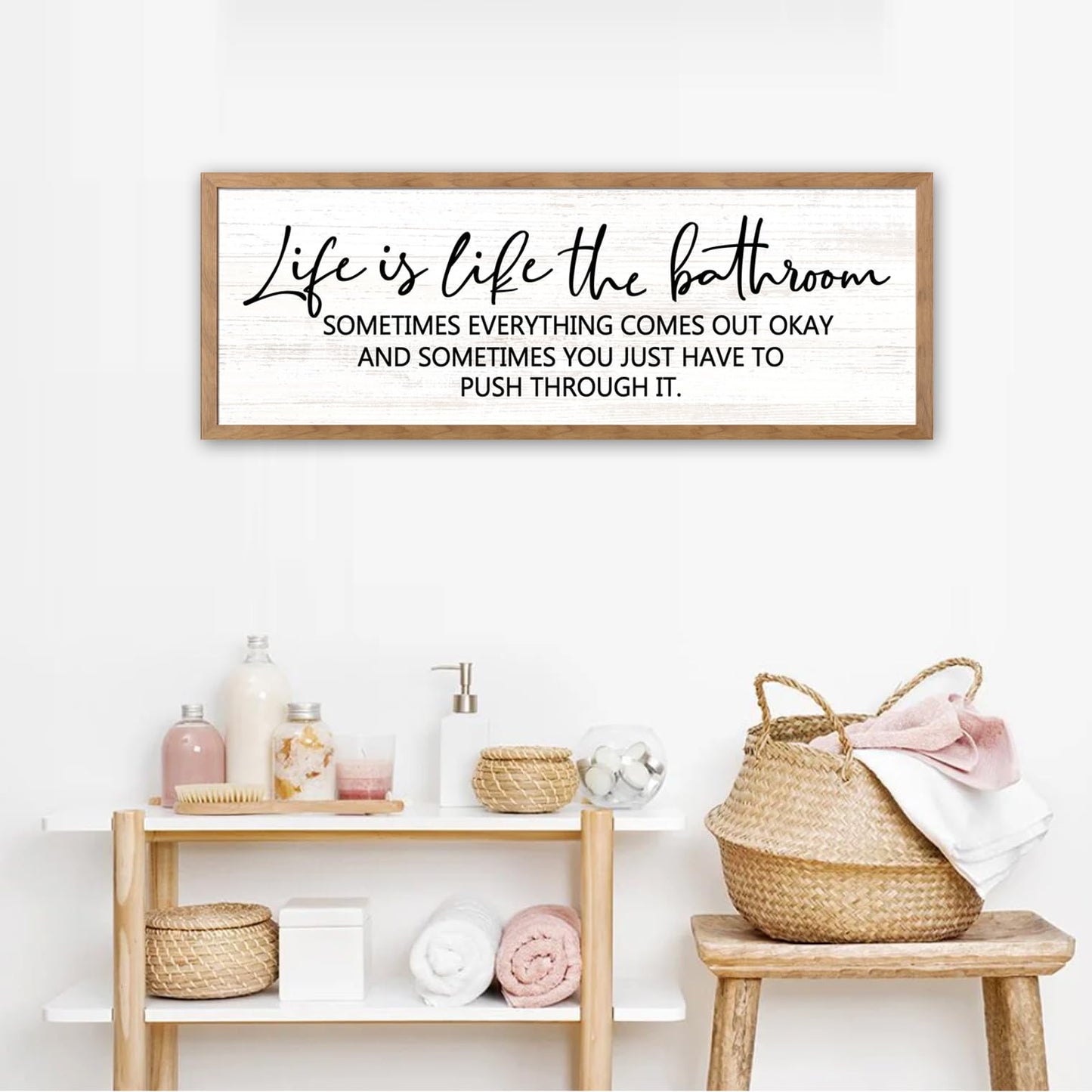 Cpcdaosk Life is Like the Bathroom Wooden Sign Framed Wall Art, 32''×12'' Horizontal Inspirational Quote Wood Plaque above the Bathtub, Farmhouse Long Motivational Saying Wood Sign Wall Decor for Bathhouse (Life is Like the Bathroom, Natural, 32"x12")