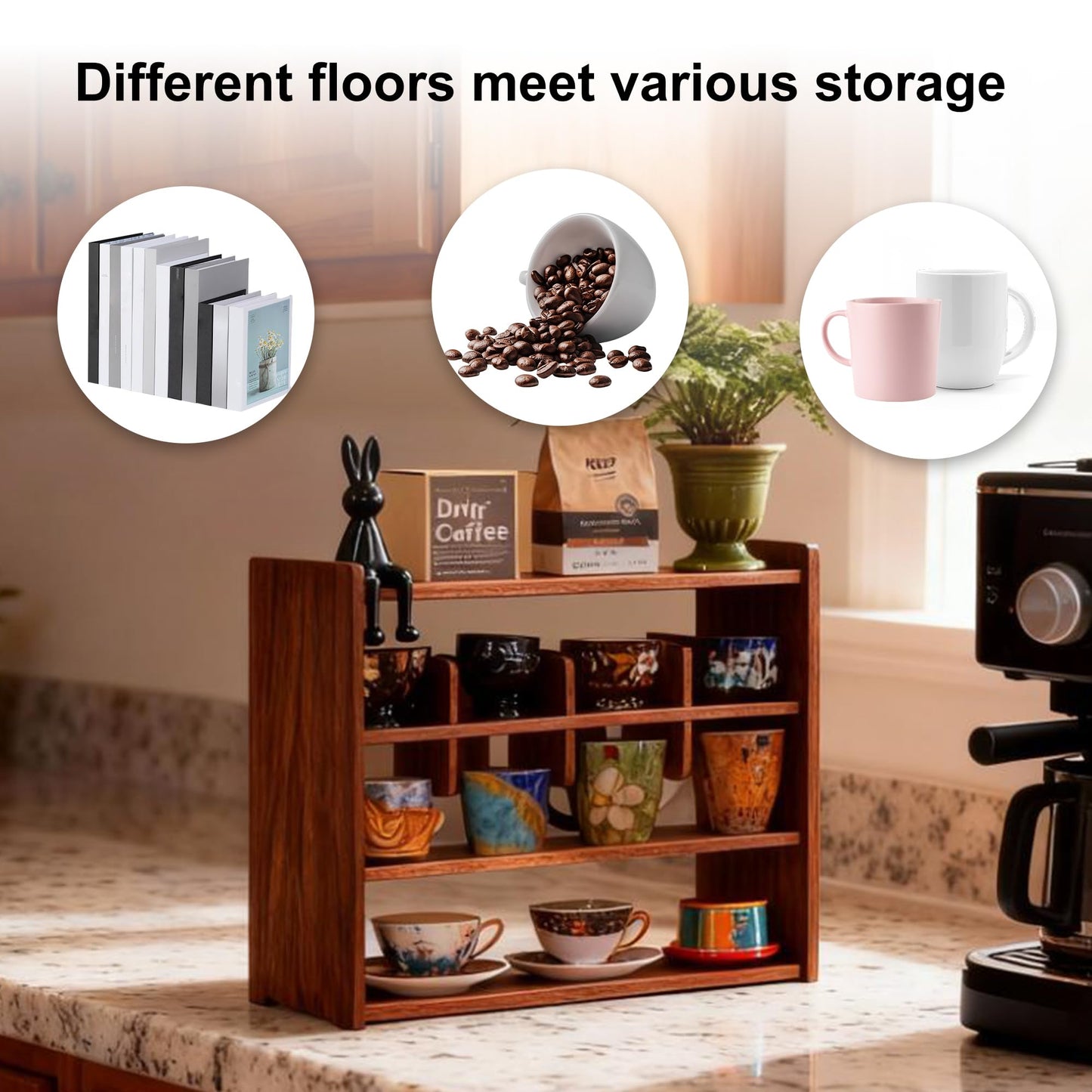 KAOTGOT Coffee Cup Holder for Countertop Walnut Wood Coffee Mugs Holder for Kitchen Mug Display Rack (4-Tier Walnut wood A)