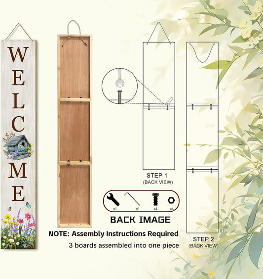 Summer Welcome Sign for Front Porch Standing, Hello Summer Nest Porch Sign for Front Door Decor, Farmhouse Bird Flowers Hanging Wall Sign for Garden Decorations 47.2"H