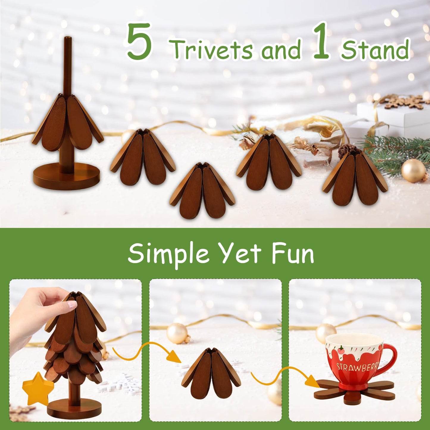 Lwuey Christmas Wooden Tree Trivet Set - 5 Foldable Heat-Resistant Trivets + 1 Stand for Hot Dishes, Pot, Bowl, Teapot, Hot Pot Holders(Walnut)