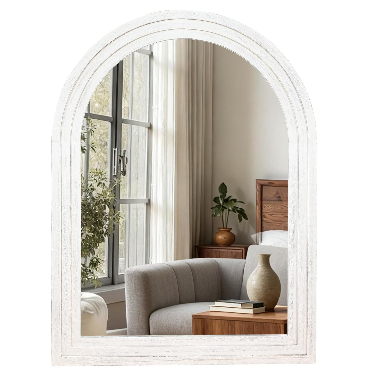 LXWZHK 40"x30" Arched Wooden Frame Wall Mirror, Rustic Vanity Wall Mirror for Bathroom, Bedroom, Rustic White