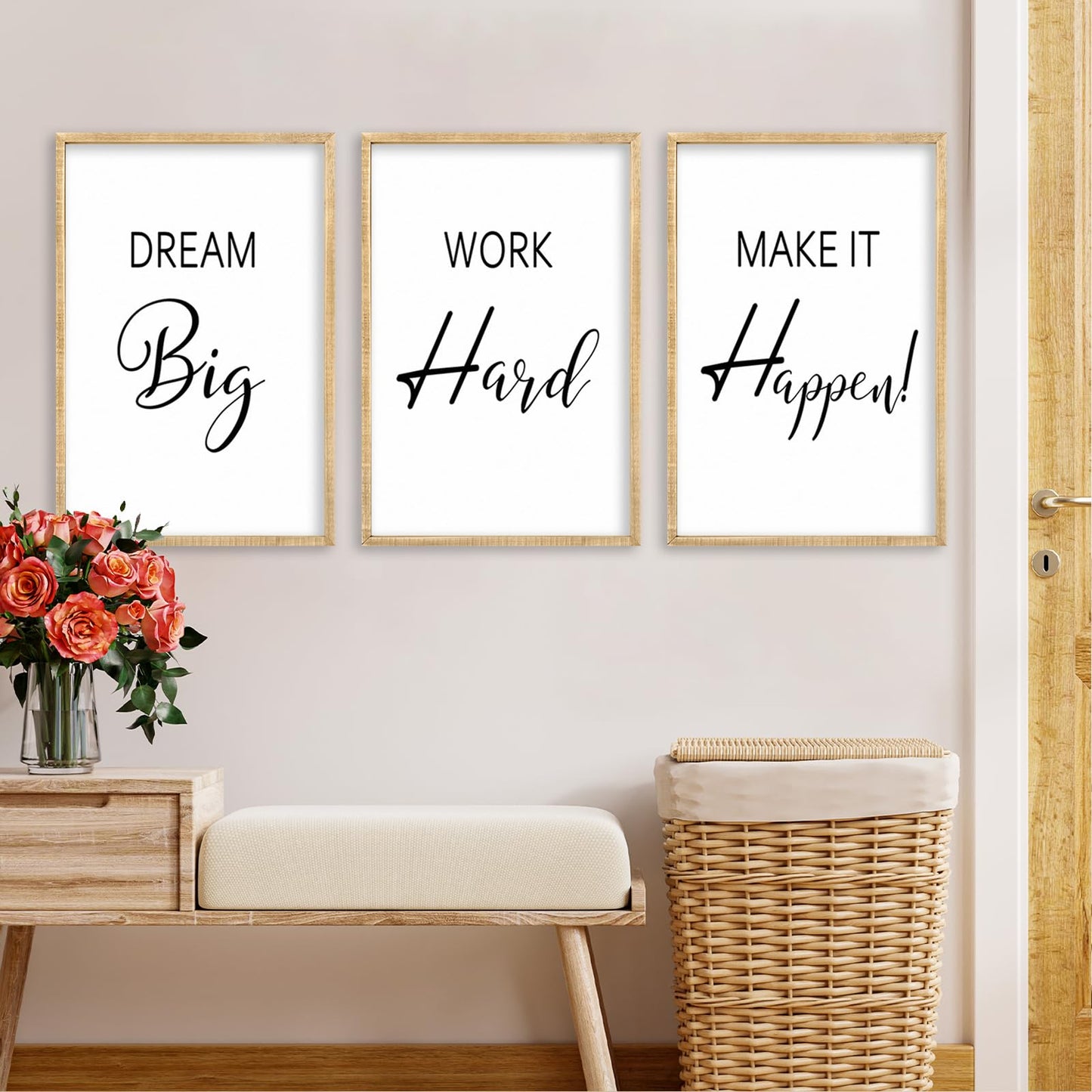 Motivational Positive Sign Wall Decor 11x16 Inch Office Set Of 3 Wood Framed Large Inspirational Quotes Living Room Home Wall Art Dream Big Work Hard Make it Happen women Hanging (Wood)