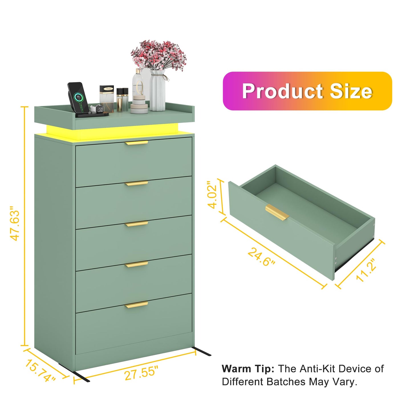 knoworld Tall Dresser for Bedroom, Dresser with LED Lights, Wood 5 Drawer Chest with Power Outlet, Modern Chest of Drawers for Bedroom, Living Room, Entryway, Hallway, Green