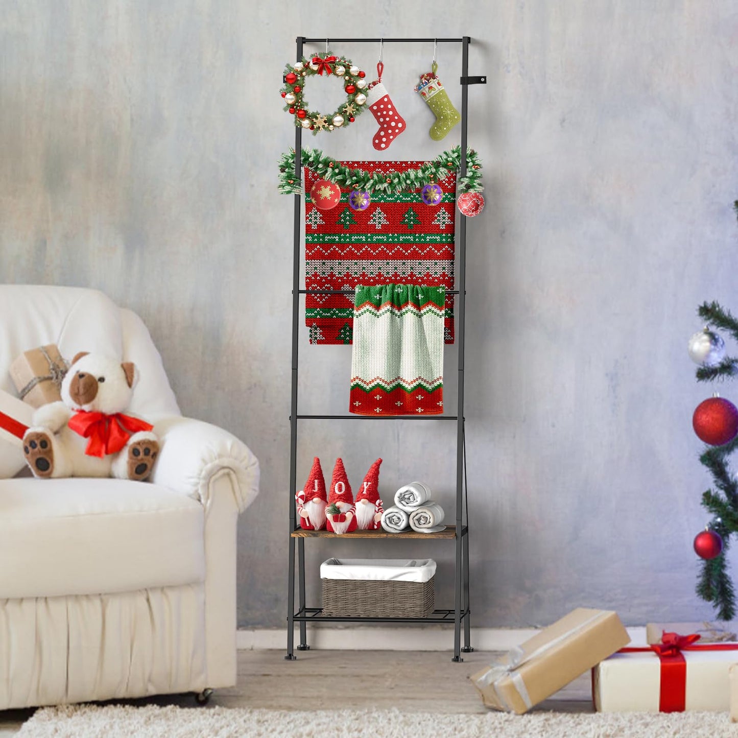 FANSXIVITA Blanket Ladder, 6-Tier Towel Holder with Shelf, Blanket Rack Freestanding, Ladder Shelf with Hooks for Towels Clothes Scarves, Standing Towel Rack for Bathroom Living Room Bedroom, Brown