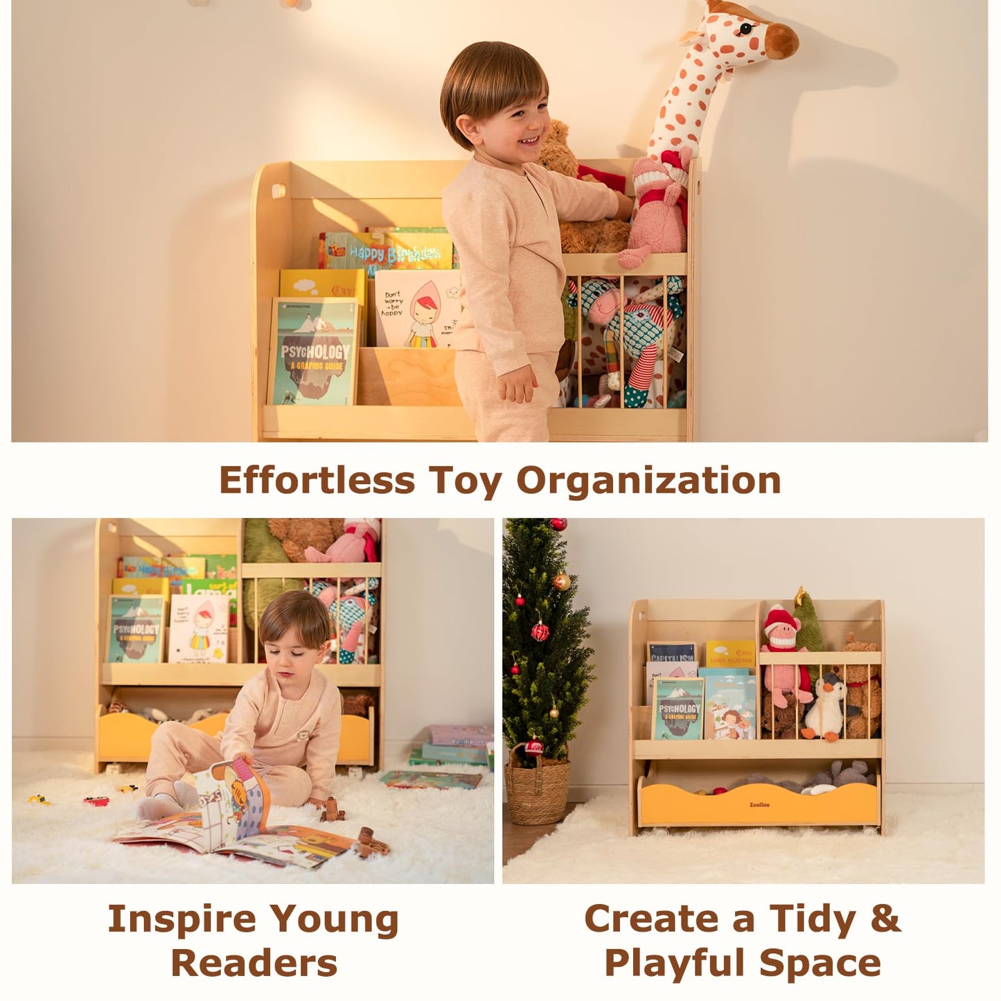 Zoolino 3-in-1 Kids Bookshelf and Toy Storage Organizer, Wooden Book Shelf for Kids Rooms with Large Stuffed Animal Storage & Removable Bins, Space-Saving Nursery Furniture for Toddlers, Natural
