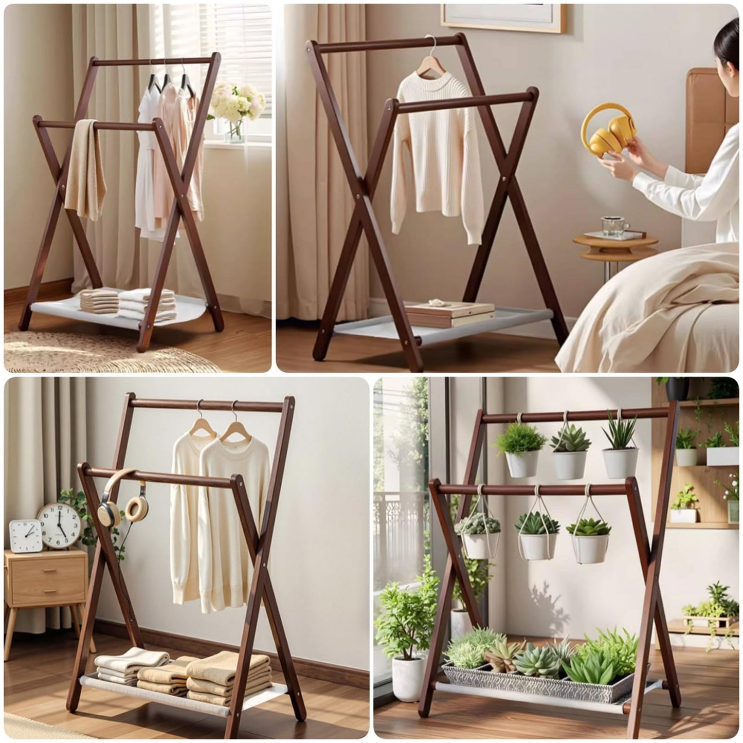 Labasuan 2-Tier Wooden Towel Rack, Foldable Blanket Ladder with Fabric Shelves, Portable Garment Coat Rack for Entryway,Bedroom, Living Room, Bathroom(Natural,40cm/15.7in)