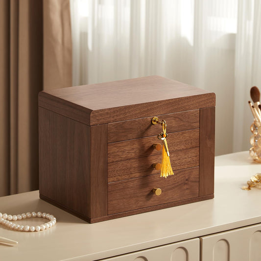 Homruilink Black Walnut Wooden Jewelry Box, Wood Jewelry Organizer with 2 Side Doors Mirror Lockable Classical Style for Watch Necklace Ring Earring Storage, Fathers Day Gift-4 Layer