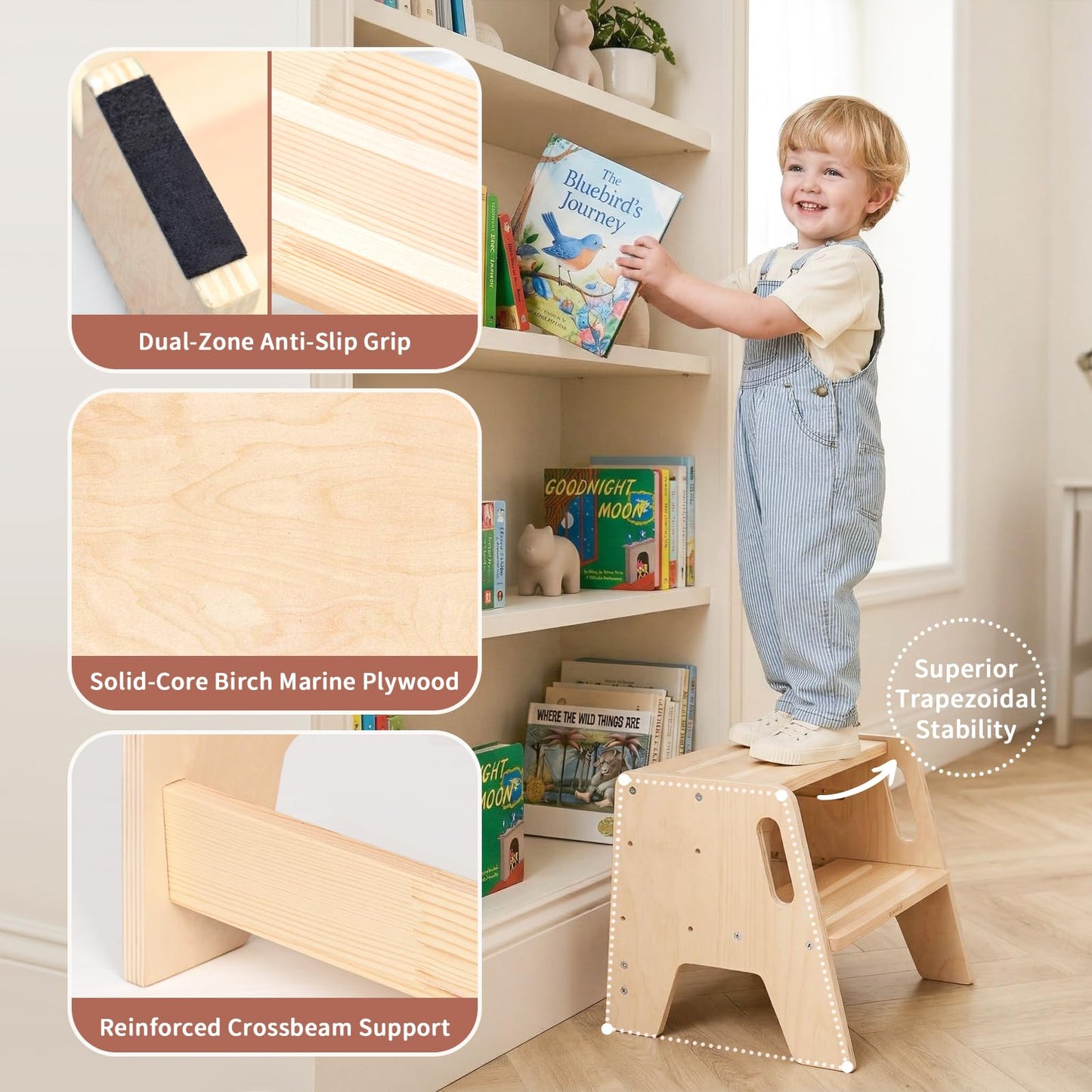WINGYZ Toddler Step Stool, 3-Height Adjustable Wooden Stool for Kids, FSC & ASTM Birch Marine Plywood, 200lb Capacity, Bathroom Sink Independence, Kitchen Potty Training, Natural Wood