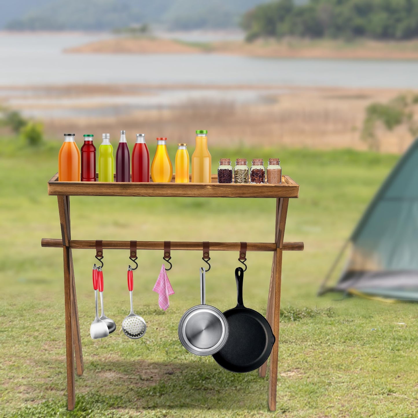 KONGKUNI Portable Wooden Picnic Rack, with hanging hook, Lightweight Wood Outdoor Shelf Foldable Travel Camping Table Rack for Storage,Outdoor Kitchen,RV Picnic,BBQ,Home Storage