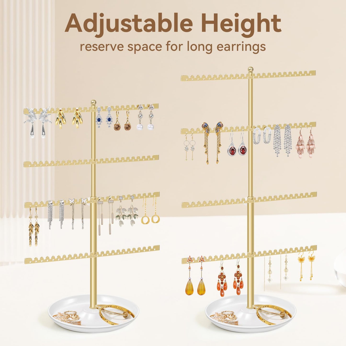 milylove 4-Tier Earring Holder Organizer Stand，Stud Earring Organizers and Storage with Ring Tray, Adjustable Earring Rack Jewelry Display Tree, 96 Holes and 88 Grooves for Earrings for Women Girls