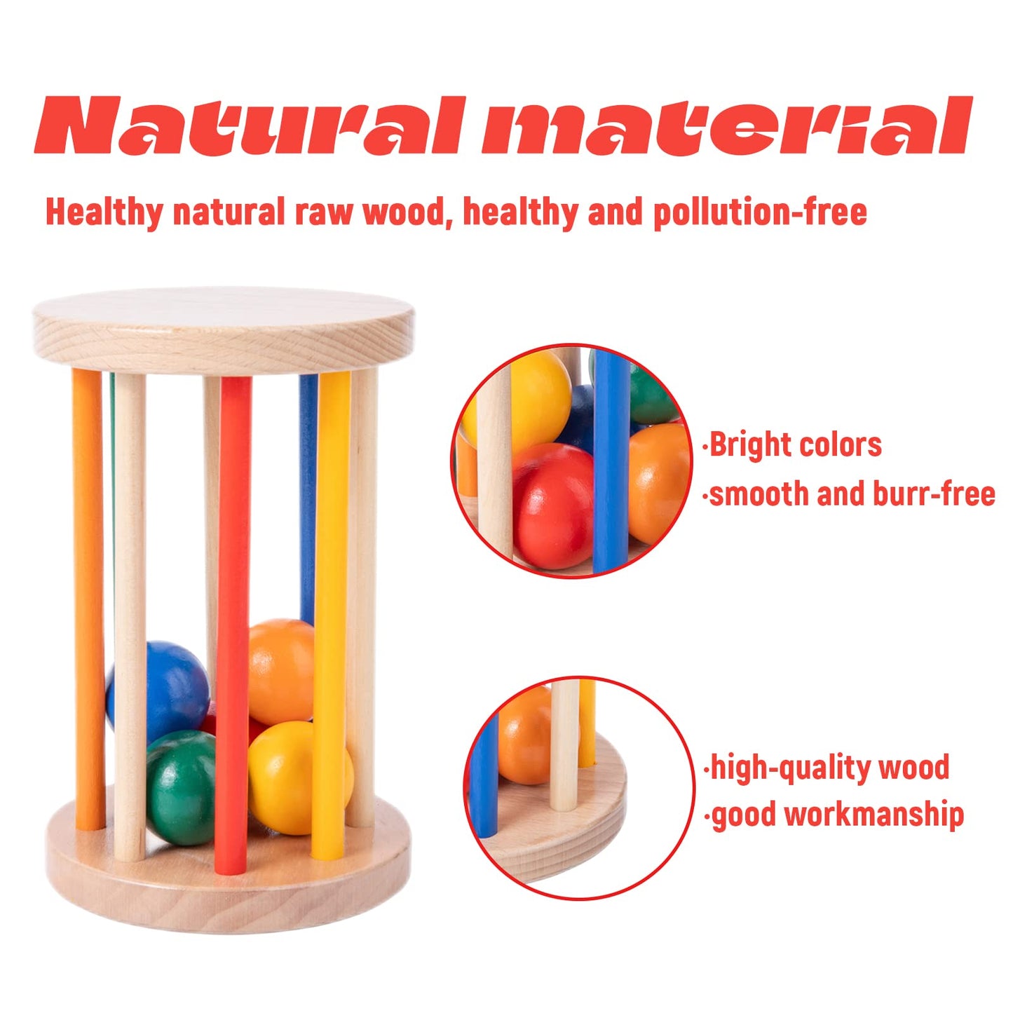 Montessori Toys for Babies 6-12 Months Wooden Rolling Drum Montssori Baby Sensory Toys for Wooden Rattle Spinning Rainbow,Boys and Girls Baby Gifts
