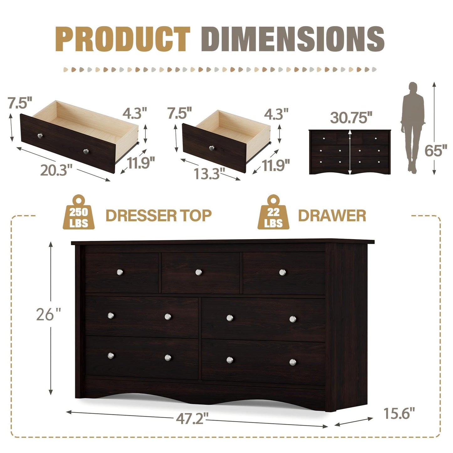 YESHOMY Dresser for Bedroom with 7 Drawers, Modern Chest of Drawers, Wooden Dressers, TV Stand for Living Room,Closet, Hallway (Brown)
