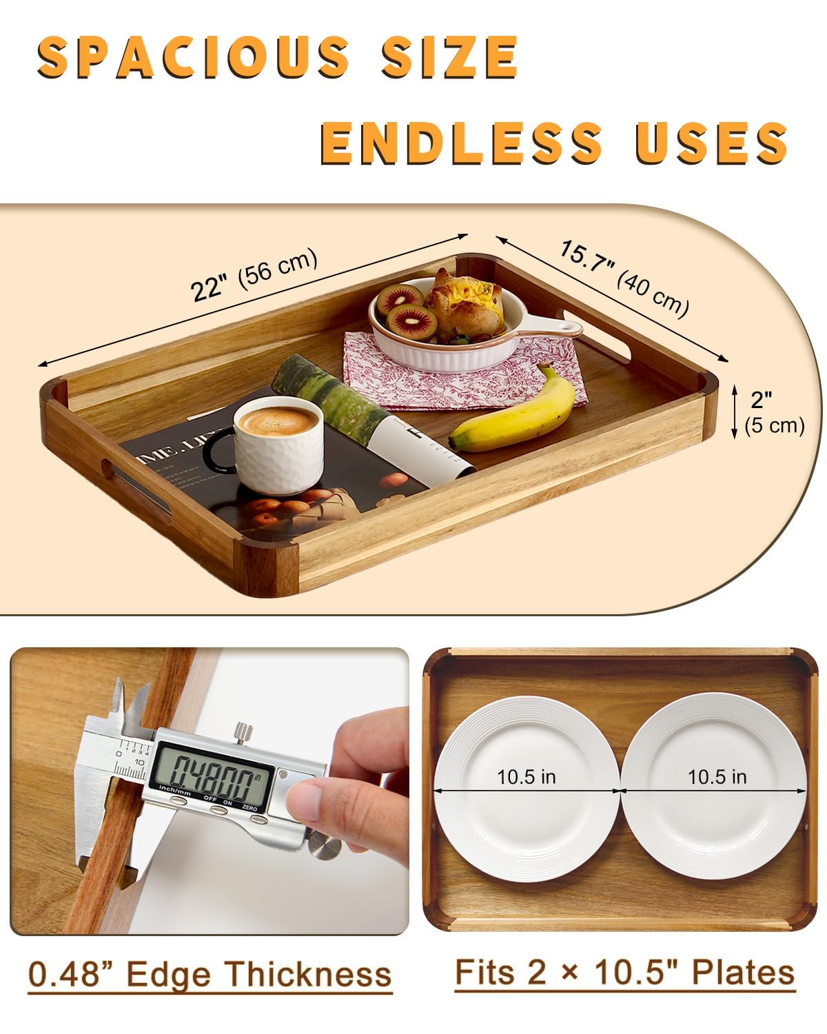 OurMiao 22" x 15.75" Acacia Wood Serving Tray with Handles Rounded Corners, Large Rectangular Wooden Ottoman Tray for Living Room, Coffee Station