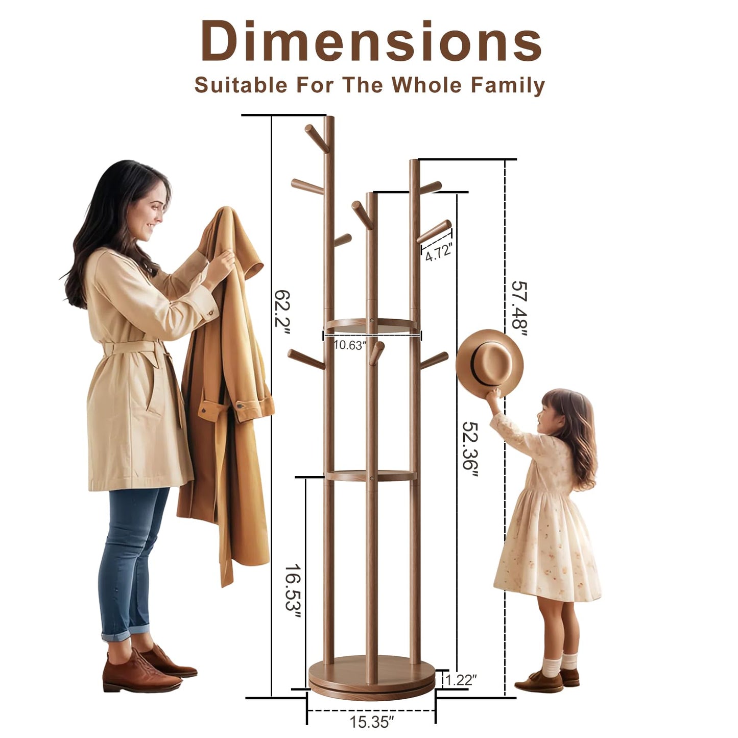 Muwuele Solid Wood Rotary Coat Rack, Freestanding Coat Rack with 3 Shelves and 9 Hooks, Coat tree for Bedroom, Entryway, Livingroom, Coat Hanger Stand for Coats, Scarves, Handbags (Walnut)